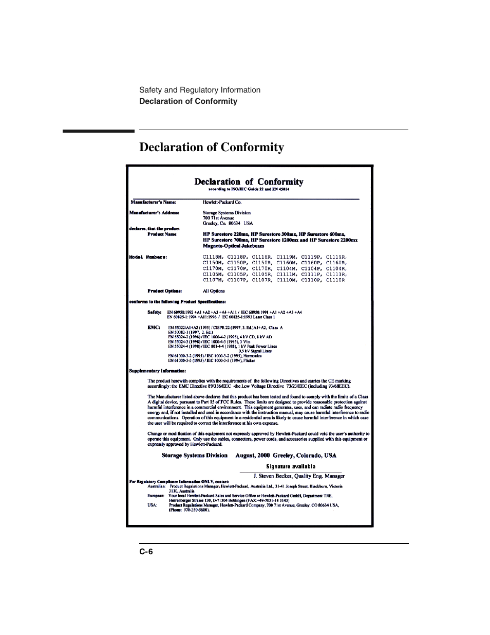 Declaration of conformity | HP Optical Jukeboxes User Manual | Page 104 / 112
