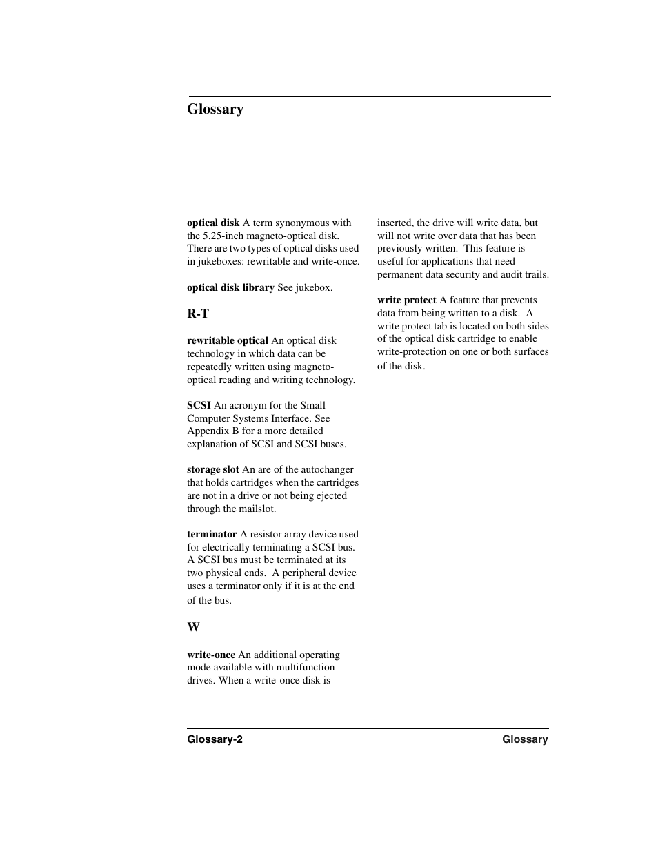 Optical disk, Optical disk library, See jukebox | Rewritable optical, Scsi, Storage slot, Terminator, Write-once, Write protect, Glossary | HP Optical Jukeboxes User Manual | Page 110 / 112