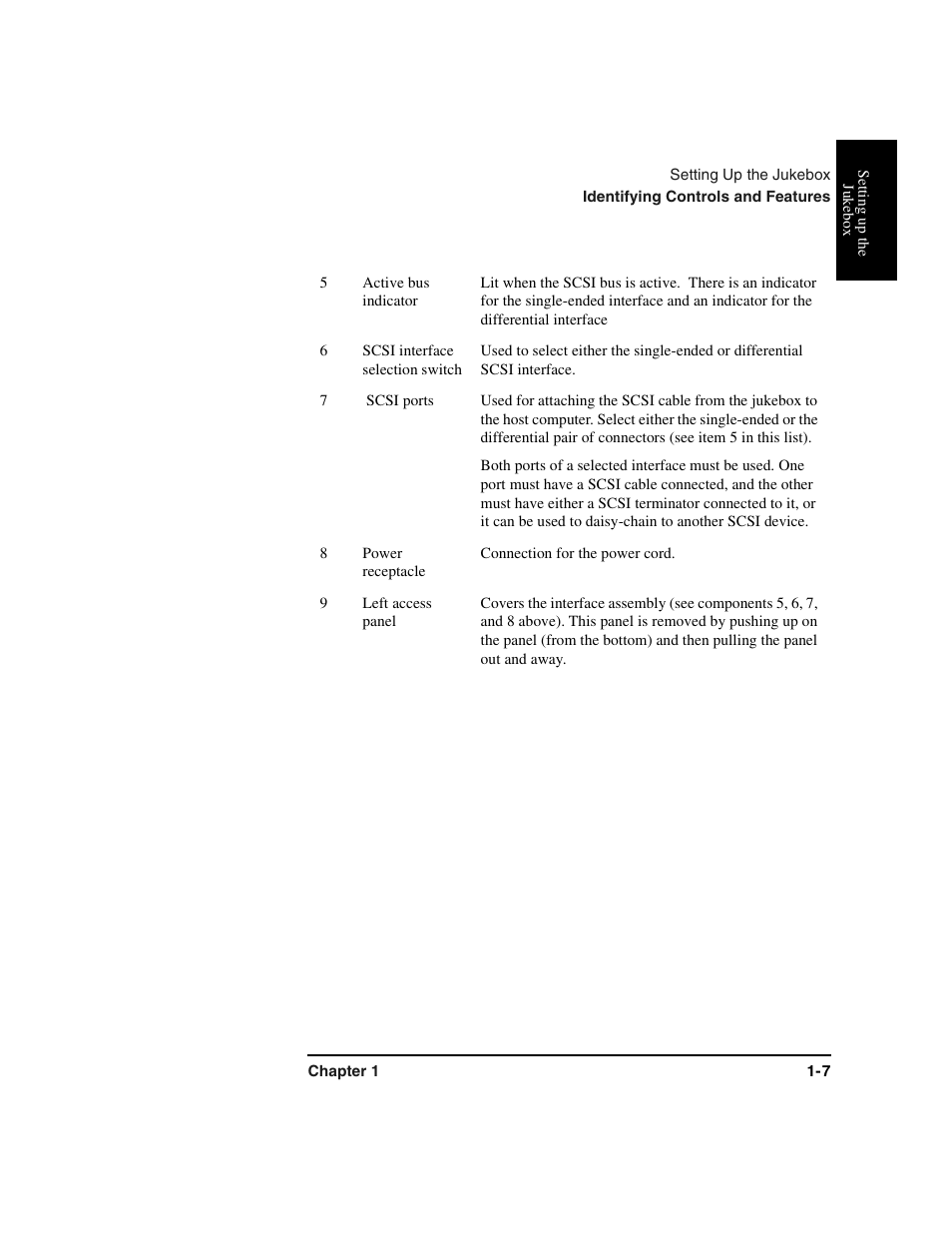 Graphic, Table, Table body | Table row, Active bus indicator, Scsi bus:active bus indicator, Scsi interface selection switch, Scsi bus:interface selection switch, Scsi ports, Power receptacle | HP Optical Jukeboxes User Manual | Page 19 / 112