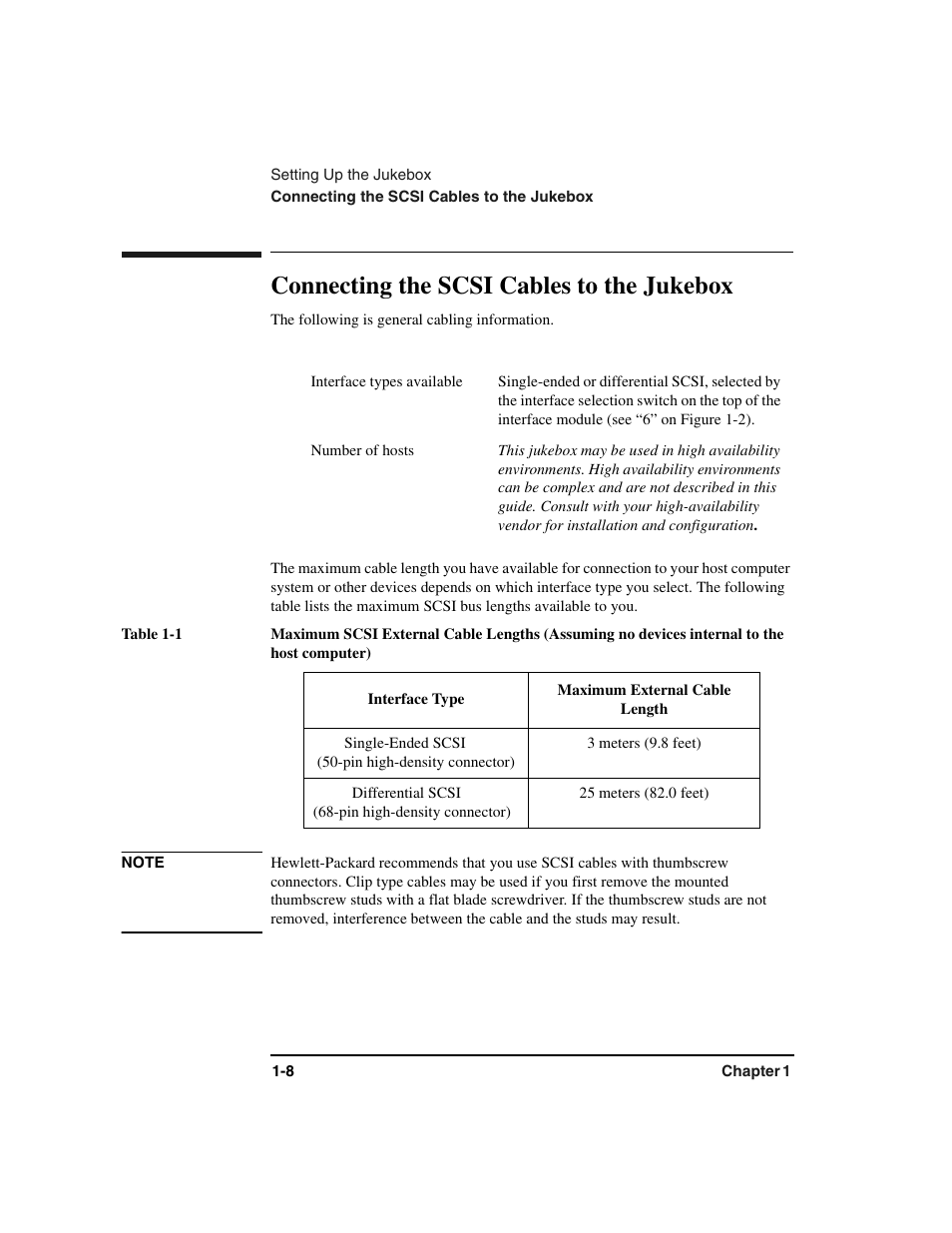 Connecting the scsi cables, Scsi cables:connecting, The following is general cabling information | Table, Table body, Table row, Interface types available, Number of hosts, Scsi cables:maximum length, Table heading | HP Optical Jukeboxes User Manual | Page 20 / 112