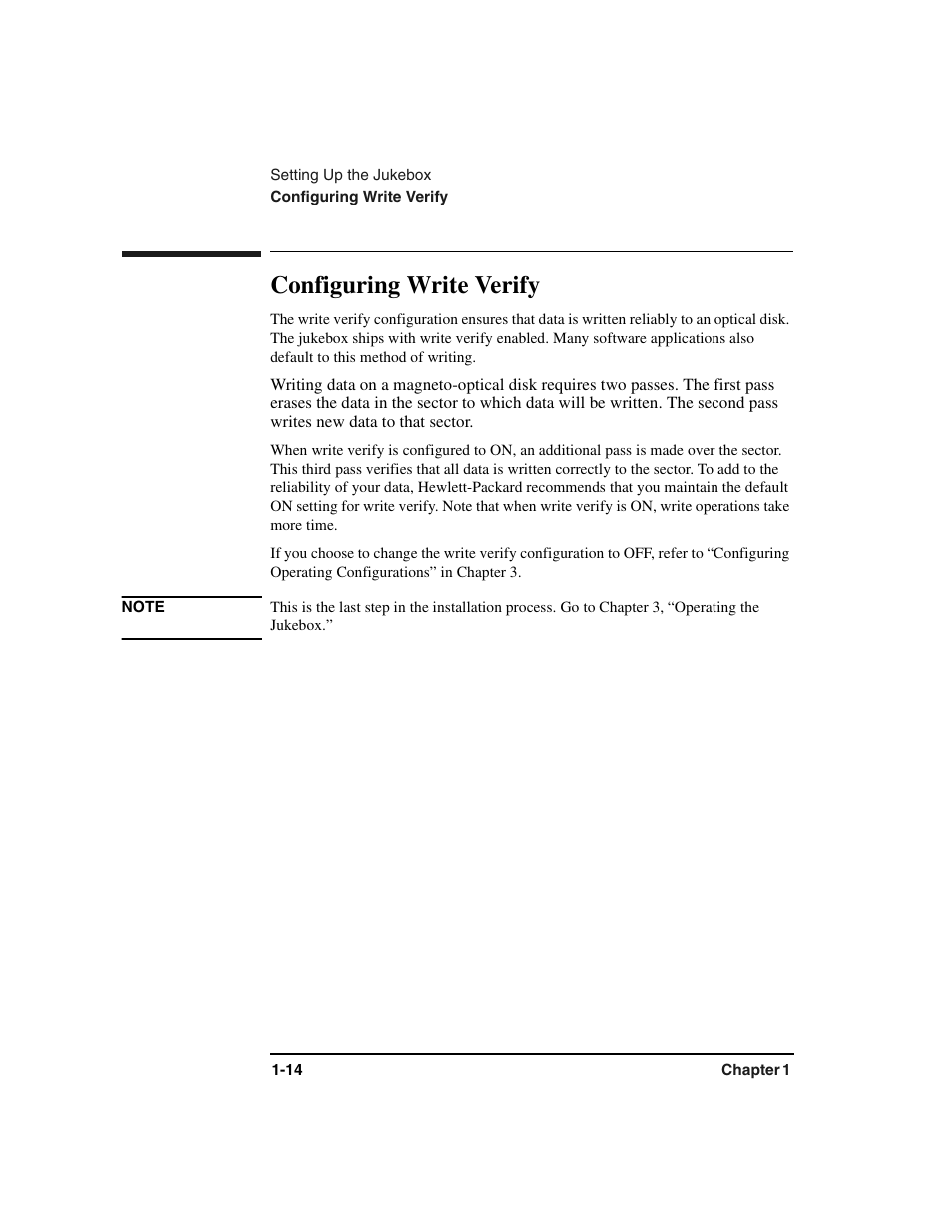 Write verify, Write verify:changing, Configuring write verify -14 | Configuring write verify | HP Optical Jukeboxes User Manual | Page 26 / 112