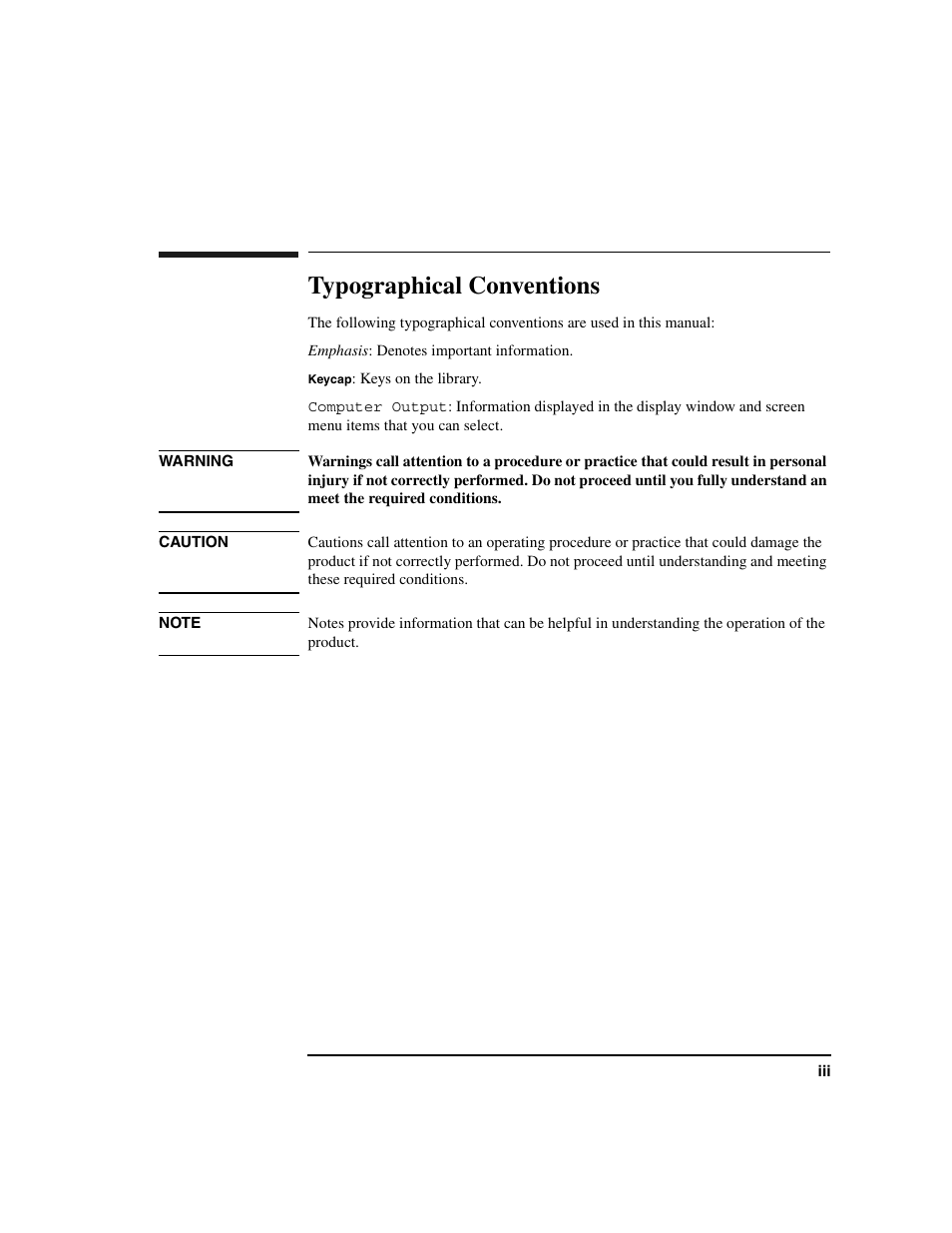 Typographical conventions, Emphasis, Keycap | Computer output | HP Optical Jukeboxes User Manual | Page 3 / 112