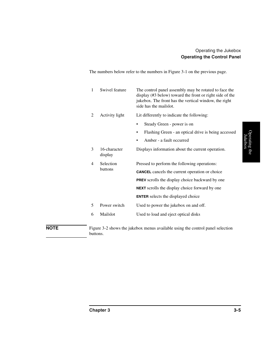 Table, Table body, Table row | Swivel feature, Control panel:swivel feature, Activity light, Control panel:activity light, Lit differently to indicate the following, Steady green - power is on, Amber - a fault occurred | HP Optical Jukeboxes User Manual | Page 39 / 112