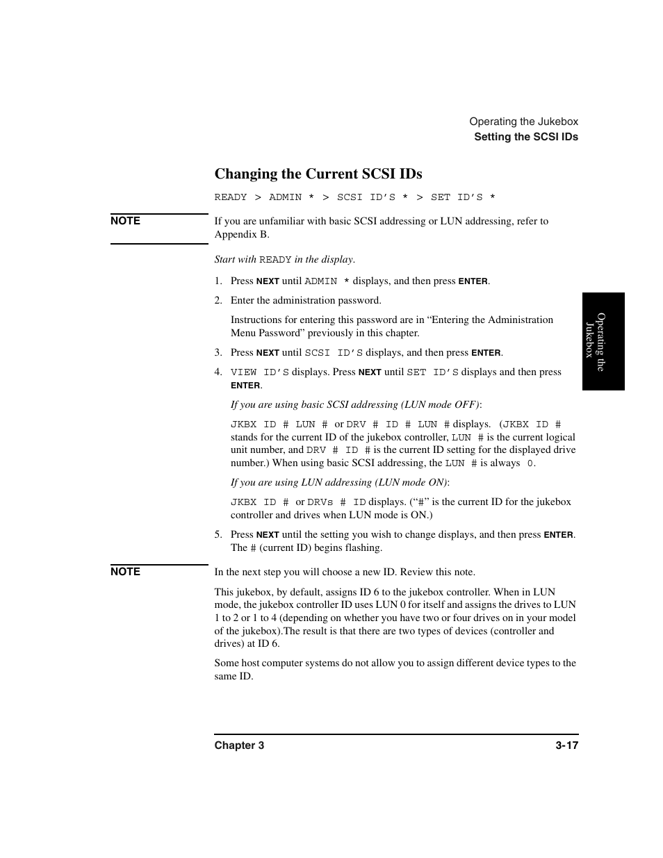 Scsi ids:changing, Changing the scsi ids, Ready | Start with, Press, Enter the administration password, View id’s, Jkbx id # lun, If you are using lun addressing (lun mode on), Jkbx id | HP Optical Jukeboxes User Manual | Page 51 / 112