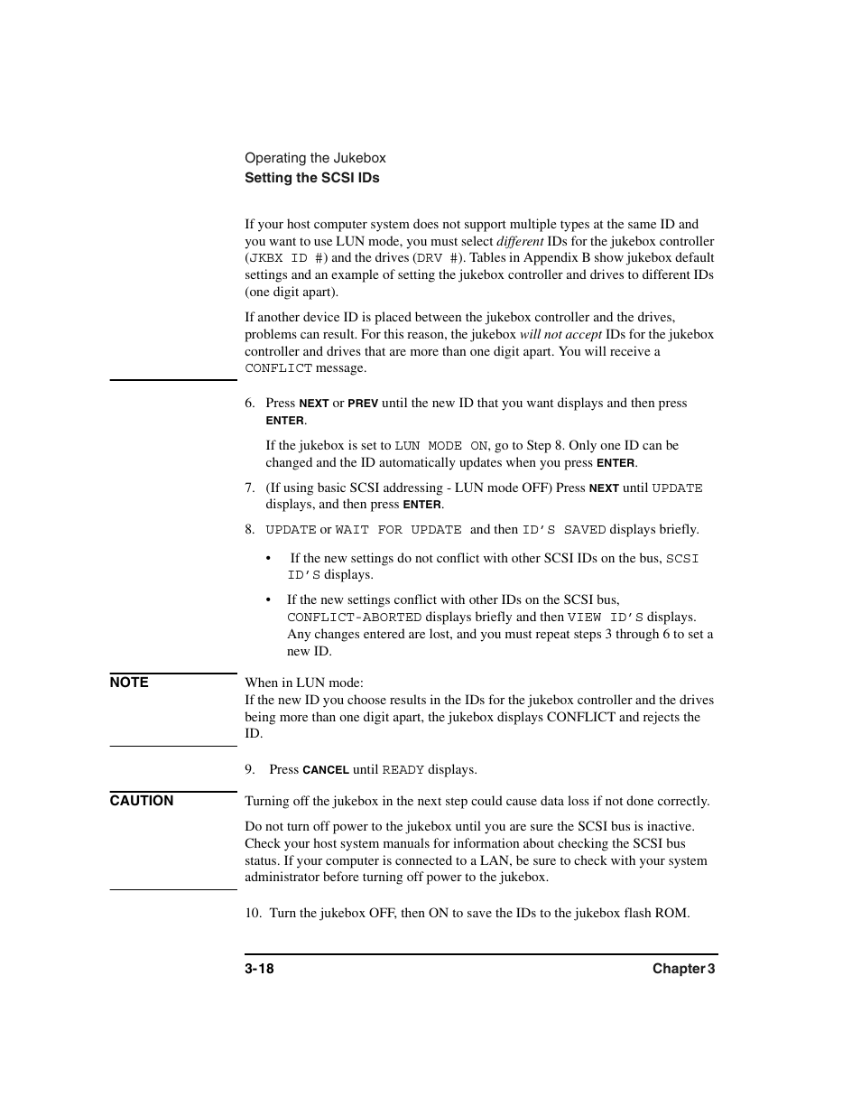 Press, If the jukebox is set to, Update | Scsi ids:must be one digit apart, Scsi ids:when in lun mode, Scsi ids:conflict | HP Optical Jukeboxes User Manual | Page 52 / 112