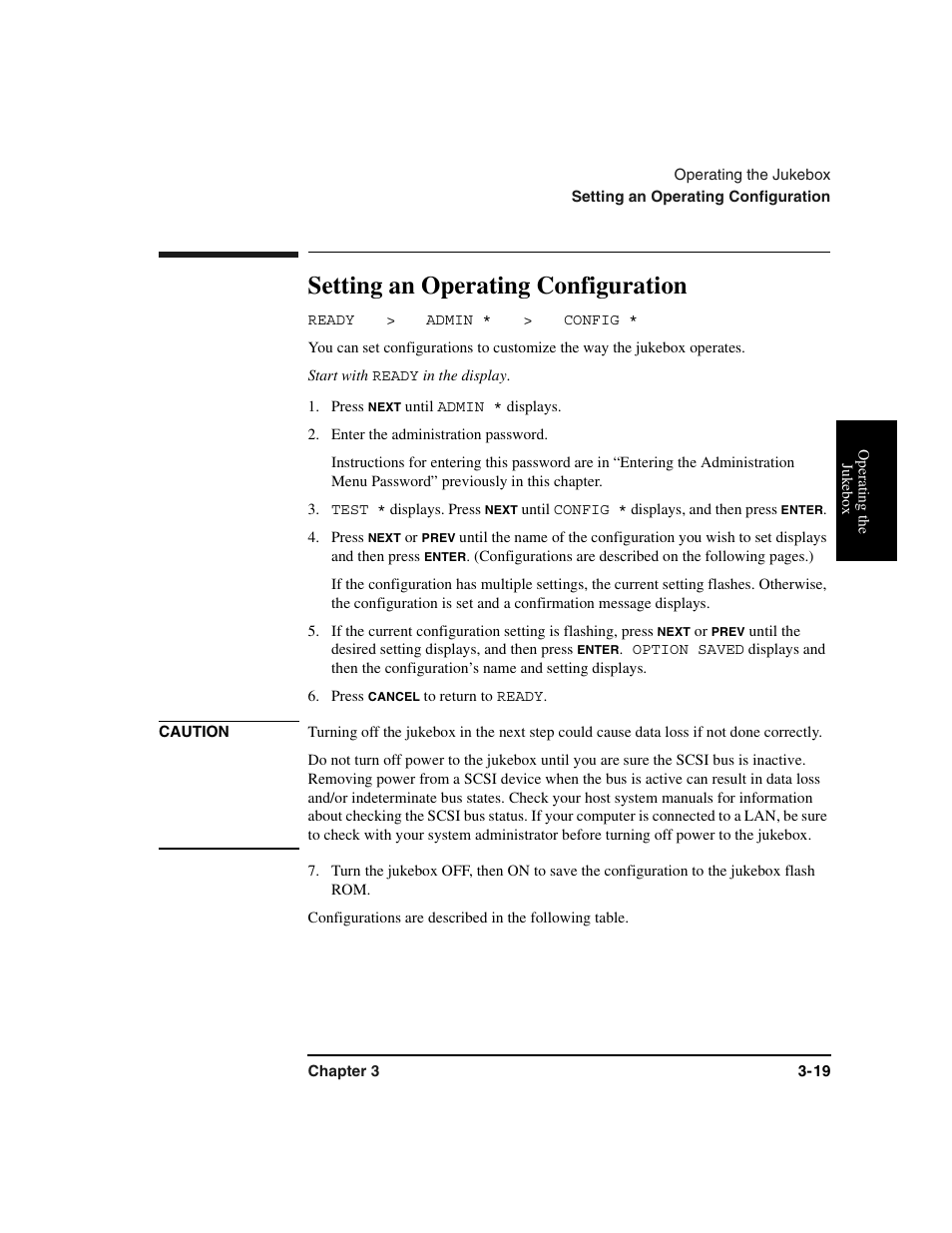 Setting an operating configuration, Configurations:setting, Ready | Start with, Press, Enter the administration password, Test, Setting an operating configuration -19 | HP Optical Jukeboxes User Manual | Page 53 / 112