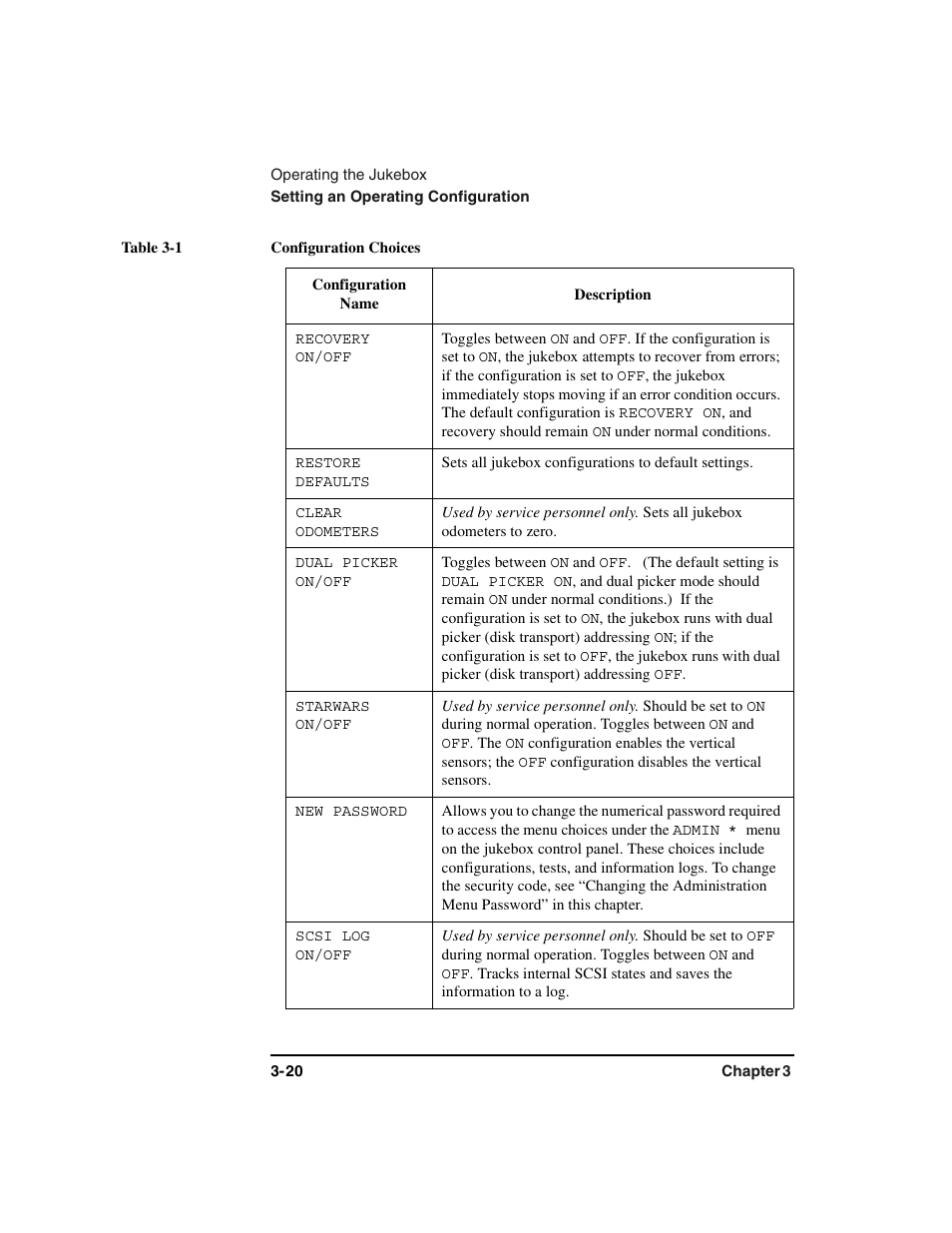 Configurations:listing of, Table, Table heading | Table row, Configuration name, Description, Table body, Recovery on/off, Restore defaults, Clear odometers | HP Optical Jukeboxes User Manual | Page 54 / 112