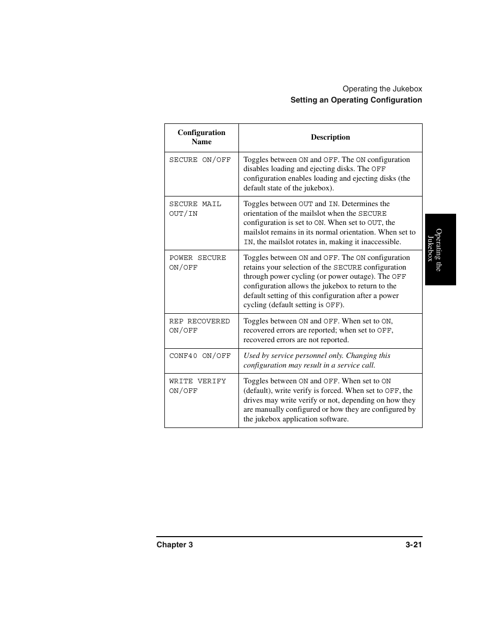 Table row, Secure on/off, Secure mail out/in | Power secure on/off, Rep recovered on/off, Conf40 on/off, Write verify on/off | HP Optical Jukeboxes User Manual | Page 55 / 112