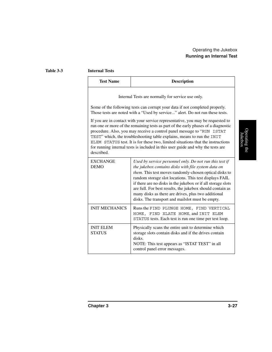 Table 3-3 internal tests, Table, Table heading | Table row, Test name, Description, Table body, Exchange demo, Init mechanics, Init elem status | HP Optical Jukeboxes User Manual | Page 61 / 112