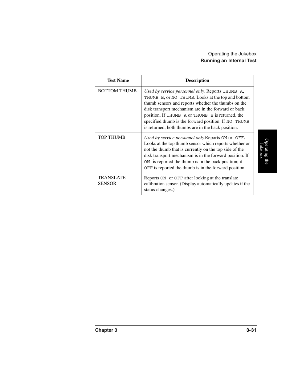 Table row, Bottom thumb, Used by service personnel only | Top thumb, Translate sensor | HP Optical Jukeboxes User Manual | Page 65 / 112