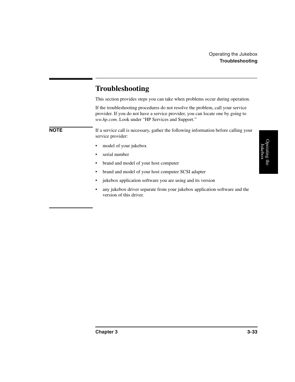 Troubleshooting, Model of your jukebox, Serial number | Brand and model of your host computer, Brand and model of your host computer scsi adapter, Troubleshooting -33 | HP Optical Jukeboxes User Manual | Page 67 / 112
