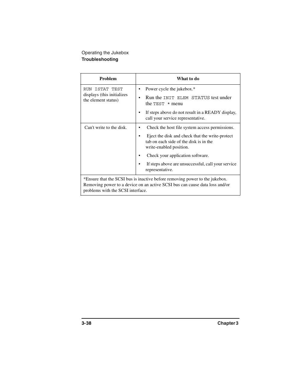 Table row, Run istat test, Power cycle the jukebox | Run the, Can't write to the disk, Check the host file system access permissions, Check your application software | HP Optical Jukeboxes User Manual | Page 72 / 112