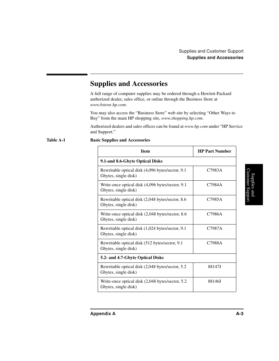 Supplies and accessories, Table a-1 basic supplies and accessories, Table | Table heading, Table row, Item, Hp part number, Table body, And 8.6-gbyte optical disks, C7983a | HP Optical Jukeboxes User Manual | Page 75 / 112
