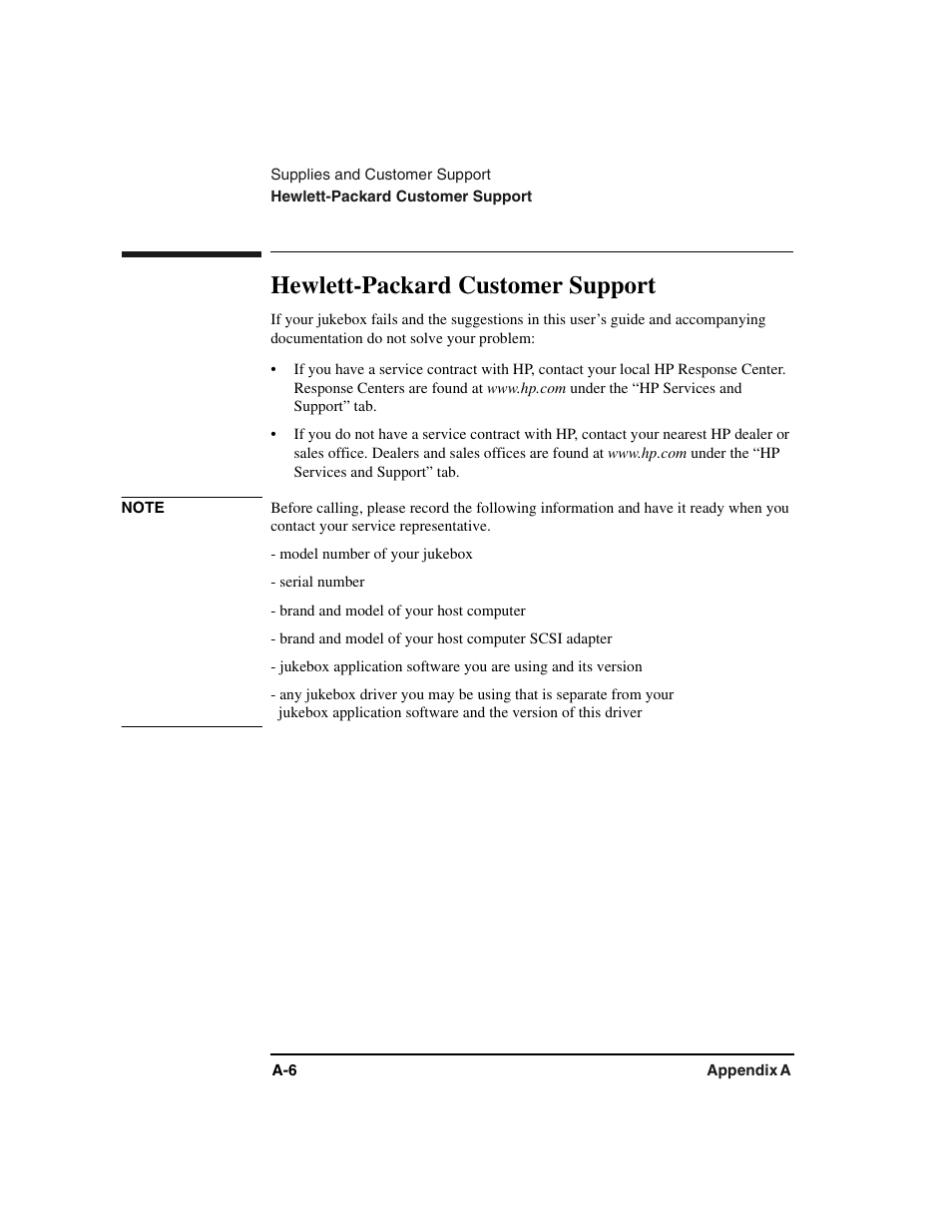 Customer support, Model number of your jukebox, Serial number | Brand and model of your host computer, Brand and model of your host computer scsi adapter, Huolto, Hewlett-packard customer support | HP Optical Jukeboxes User Manual | Page 78 / 112