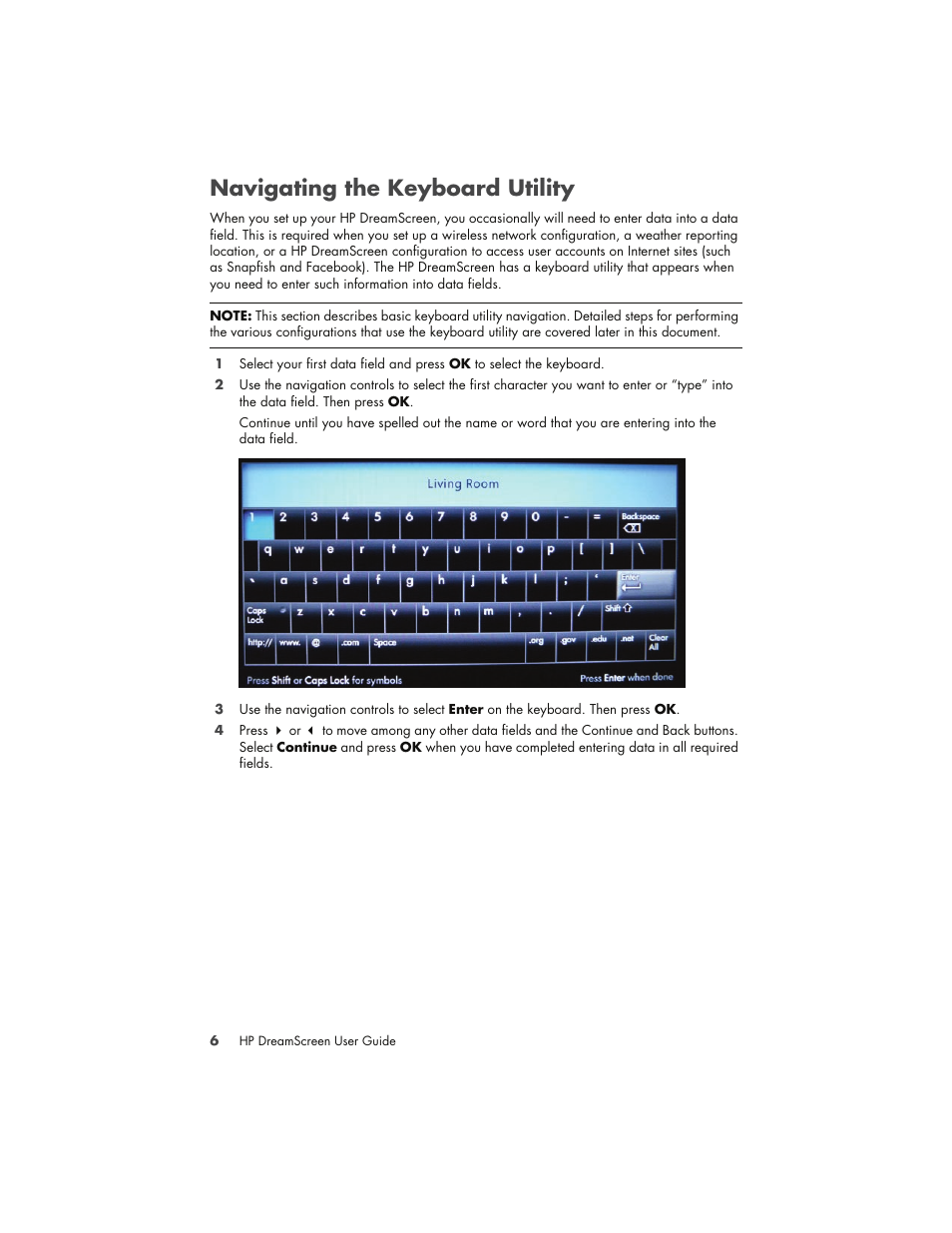 Navigating the keyboard utility | HP DreamScreen 130 Wireless Connected Screen User Manual | Page 12 / 58