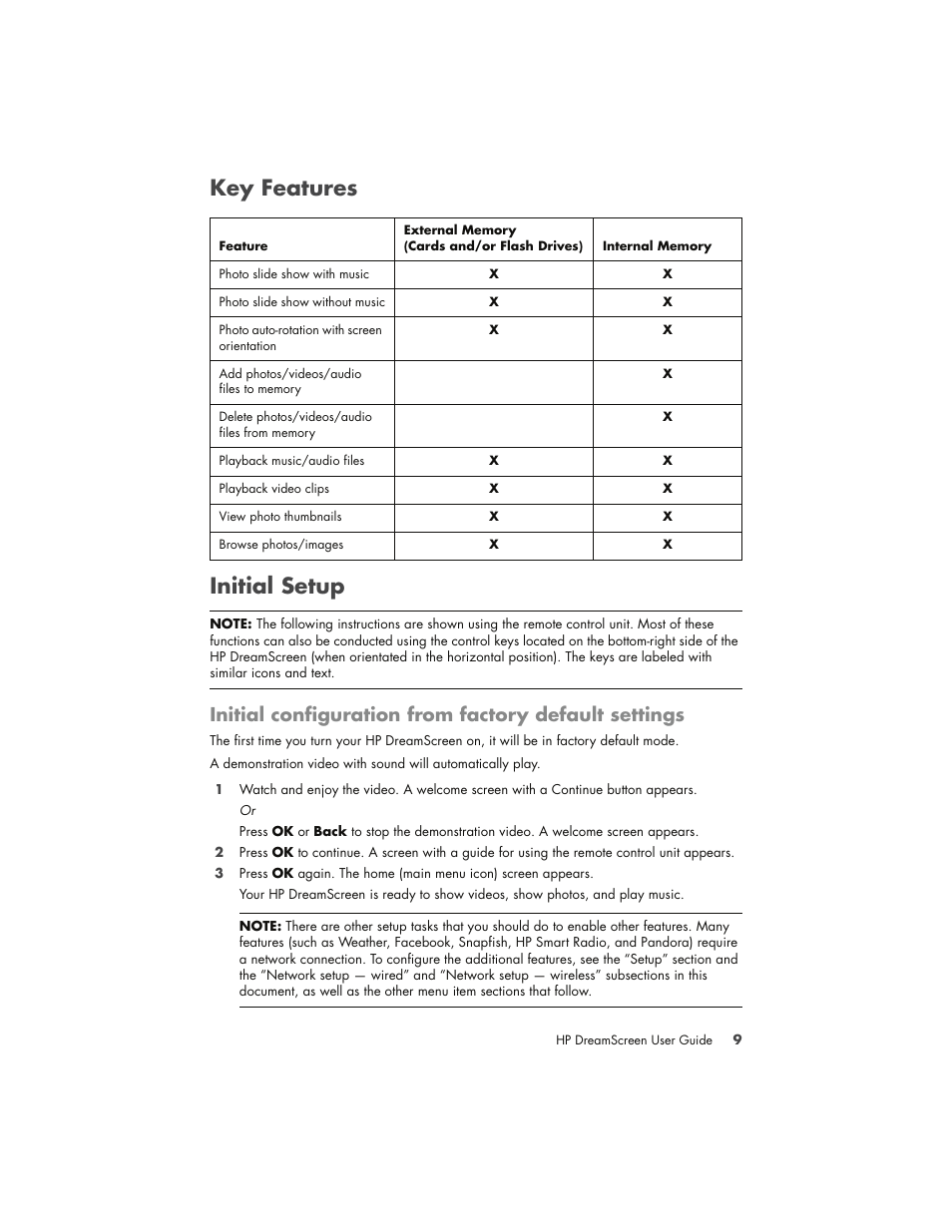 Key features, Initial setup, Key features initial setup | HP DreamScreen 130 Wireless Connected Screen User Manual | Page 15 / 58