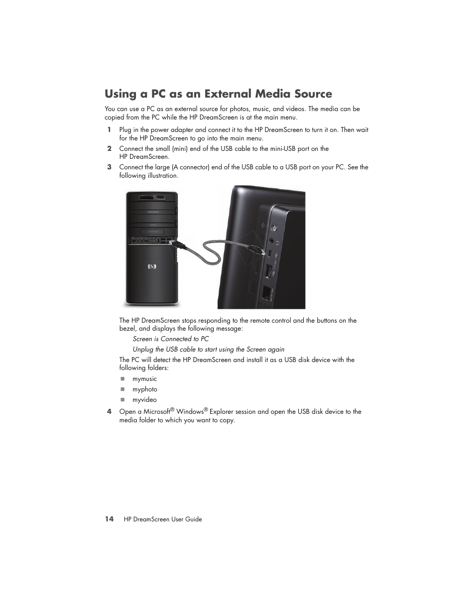 Using a pc as an external media source | HP DreamScreen 130 Wireless Connected Screen User Manual | Page 20 / 58