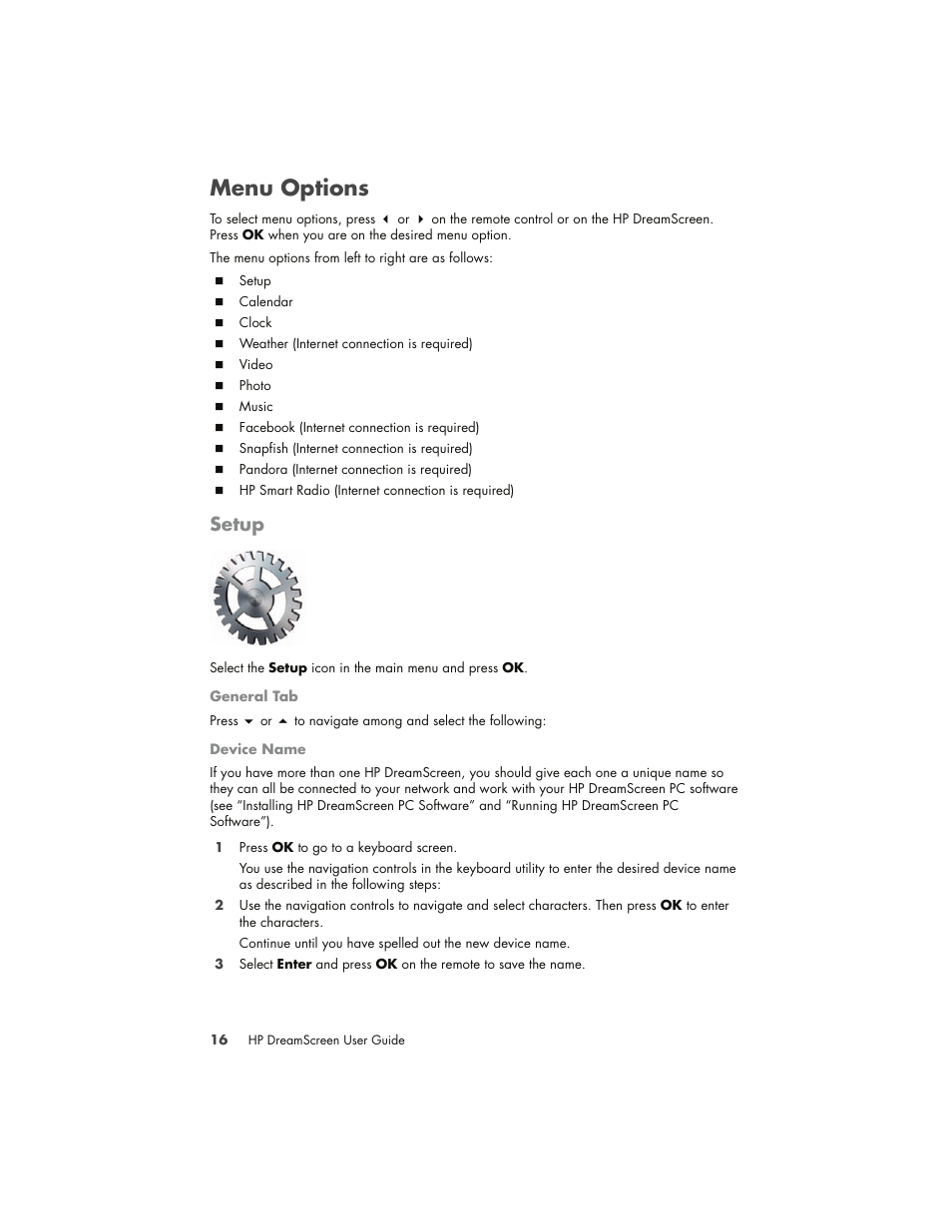 Menu options, Setup, In the “menu options” section) | HP DreamScreen 130 Wireless Connected Screen User Manual | Page 22 / 58