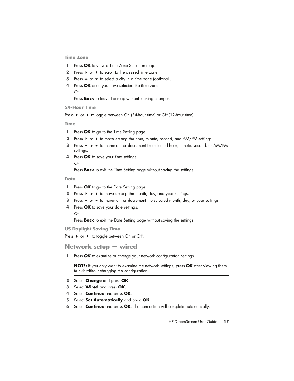 Network setup - wired, Network setup — wired | HP DreamScreen 130 Wireless Connected Screen User Manual | Page 23 / 58