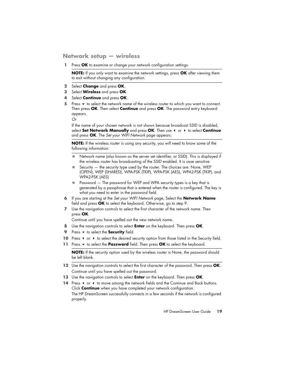 Network setup - wireless, Network setup — wireless | HP DreamScreen 130 Wireless Connected Screen User Manual | Page 25 / 58