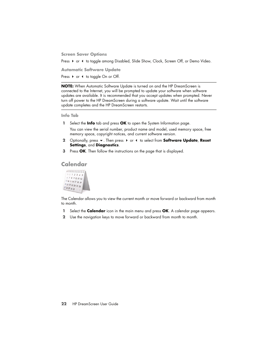 Calendar | HP DreamScreen 130 Wireless Connected Screen User Manual | Page 28 / 58