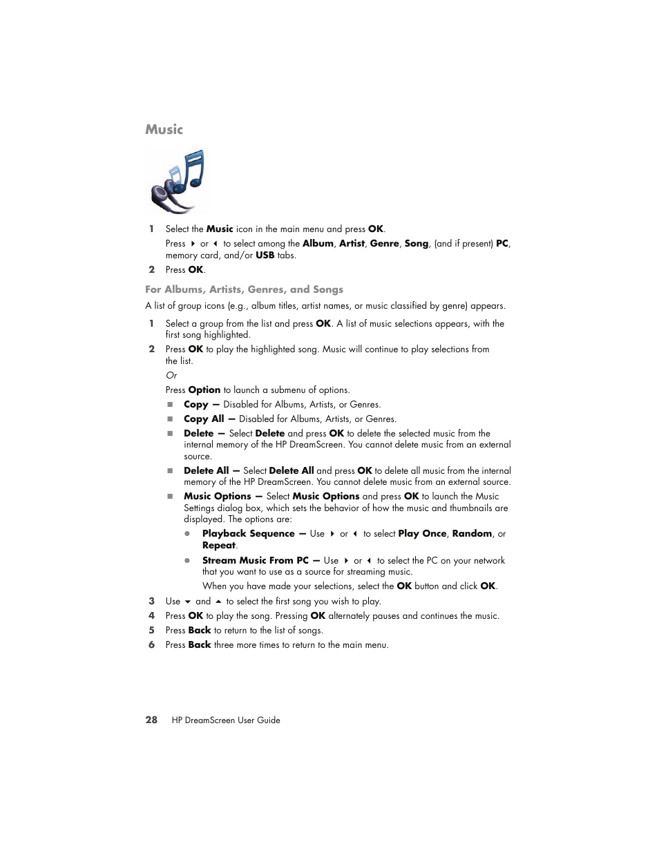 Music, Music, see “music,” “pandora,” and, Repeat or random (see “music | HP DreamScreen 130 Wireless Connected Screen User Manual | Page 34 / 58