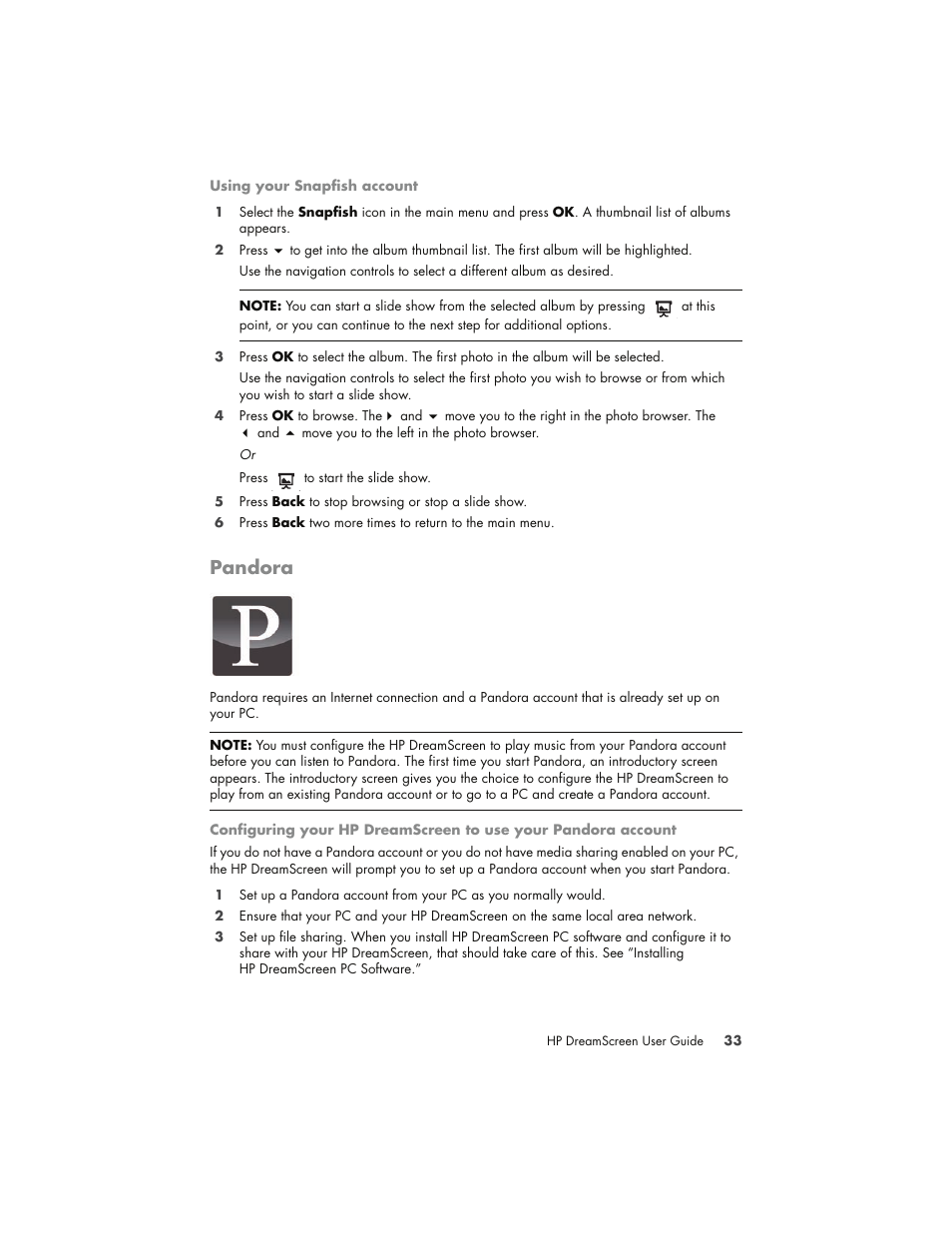 Pandora | HP DreamScreen 130 Wireless Connected Screen User Manual | Page 39 / 58