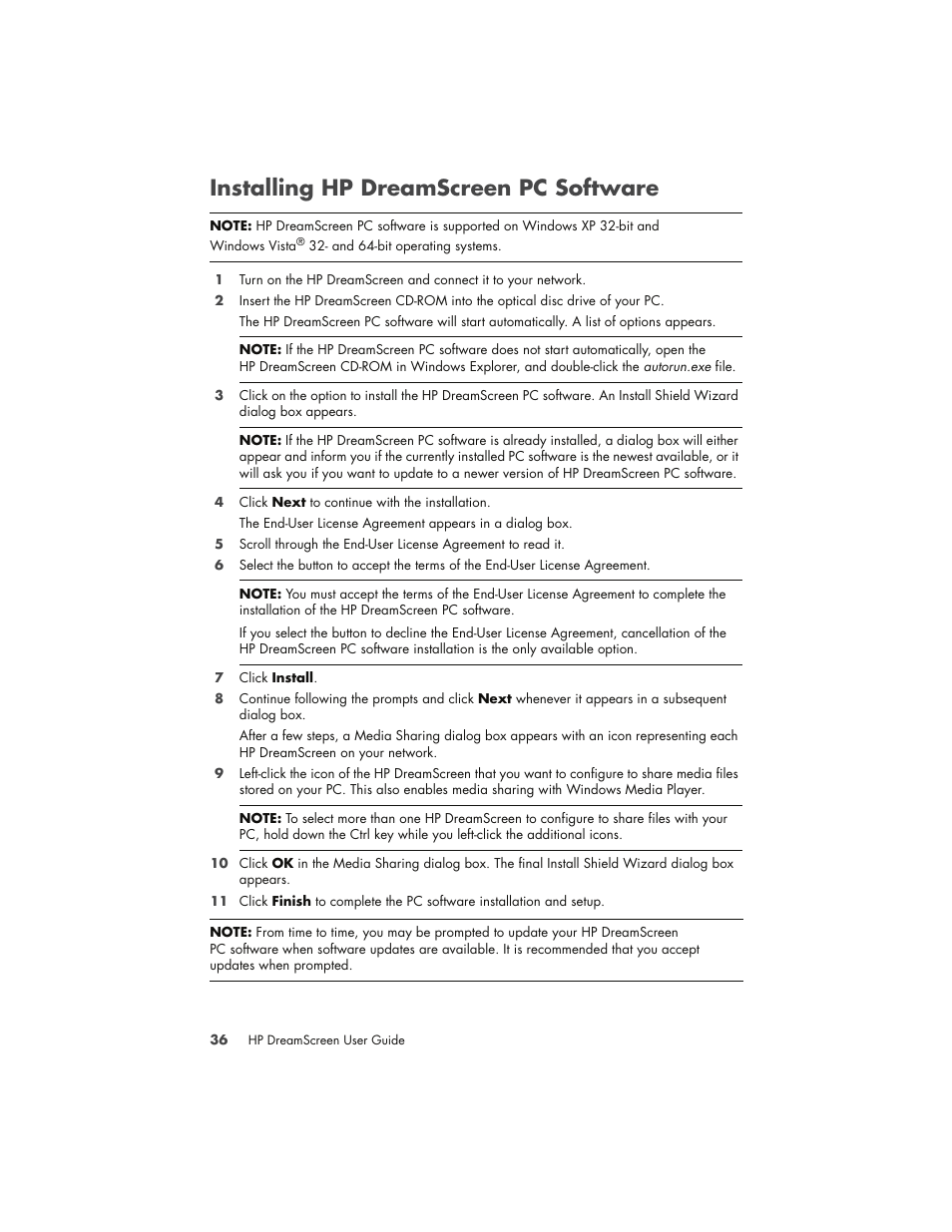 Installing hp dreamscreen pc software | HP DreamScreen 130 Wireless Connected Screen User Manual | Page 42 / 58