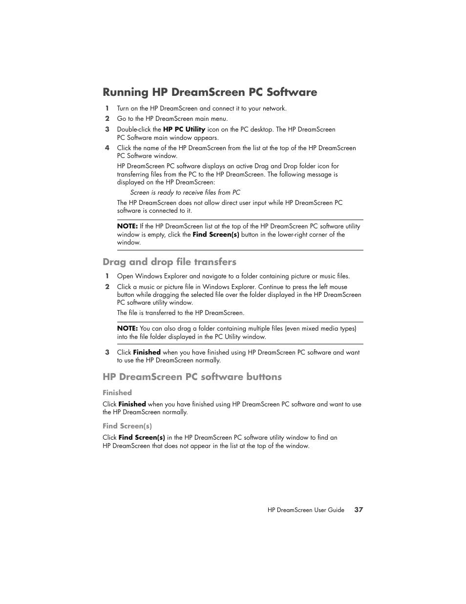 Running hp dreamscreen pc software, Drag and drop file transfers, Hp dreamscreen pc software buttons | HP DreamScreen 130 Wireless Connected Screen User Manual | Page 43 / 58