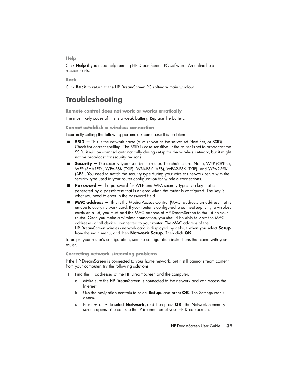 Troubleshooting | HP DreamScreen 130 Wireless Connected Screen User Manual | Page 45 / 58