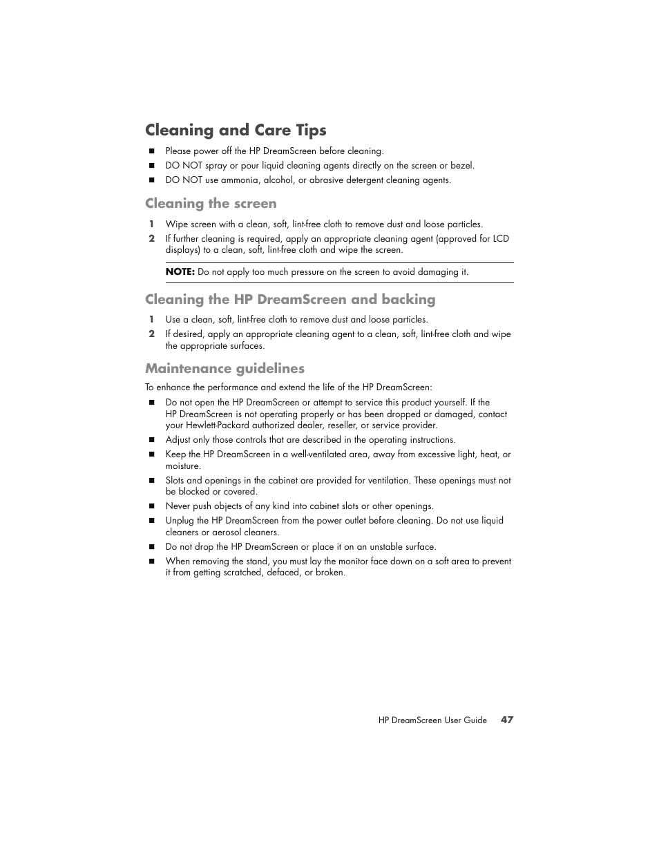 Cleaning and care tips, Cleaning the screen, Cleaning the hp dreamscreen and backing | Maintenance guidelines | HP DreamScreen 130 Wireless Connected Screen User Manual | Page 53 / 58