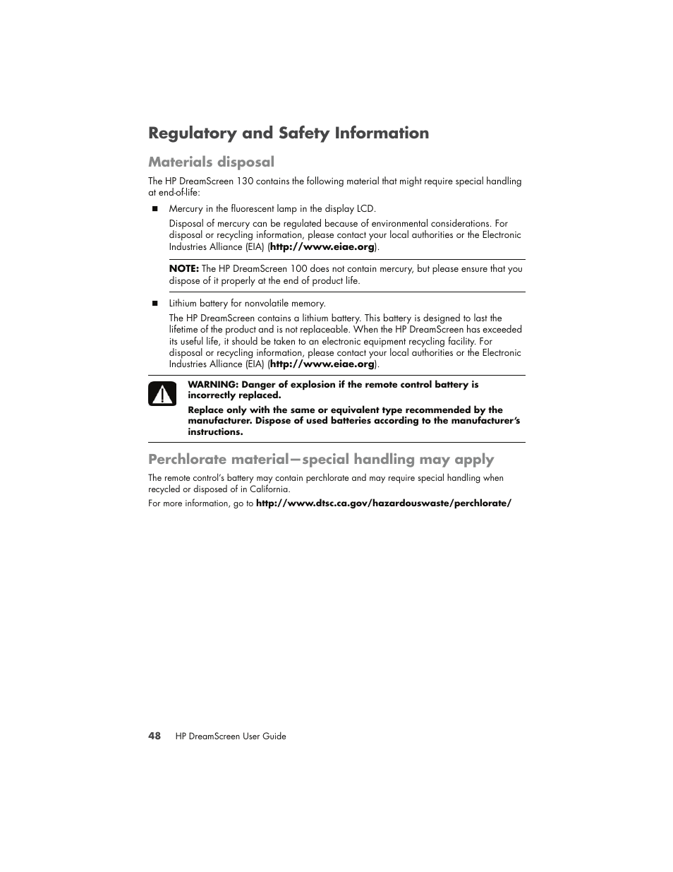 Regulatory and safety information, Materials disposal, Perchlorate material-special handling may apply | Perchlorate material—special handling may apply | HP DreamScreen 130 Wireless Connected Screen User Manual | Page 54 / 58