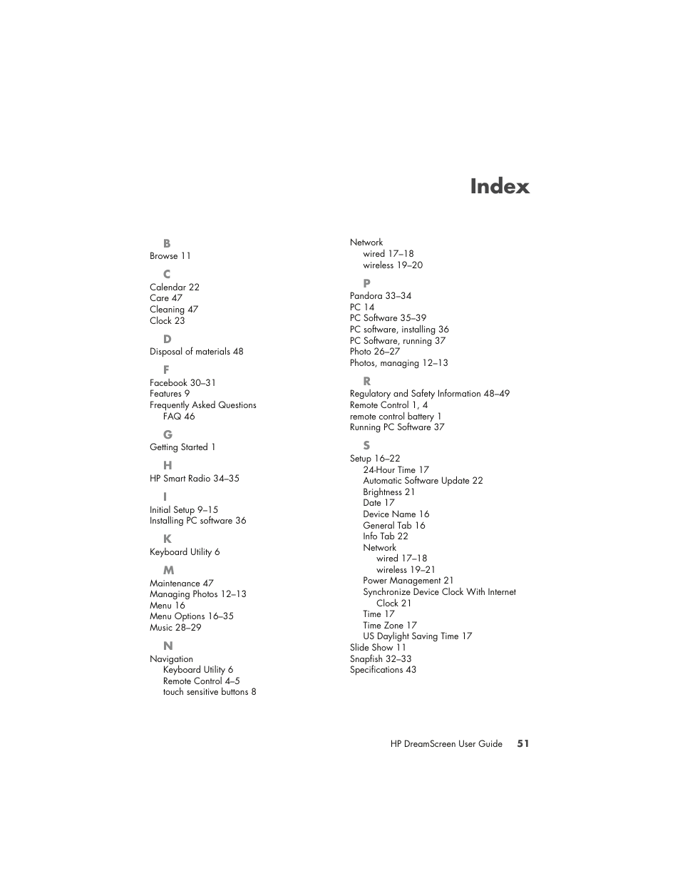 Index | HP DreamScreen 130 Wireless Connected Screen User Manual | Page 57 / 58