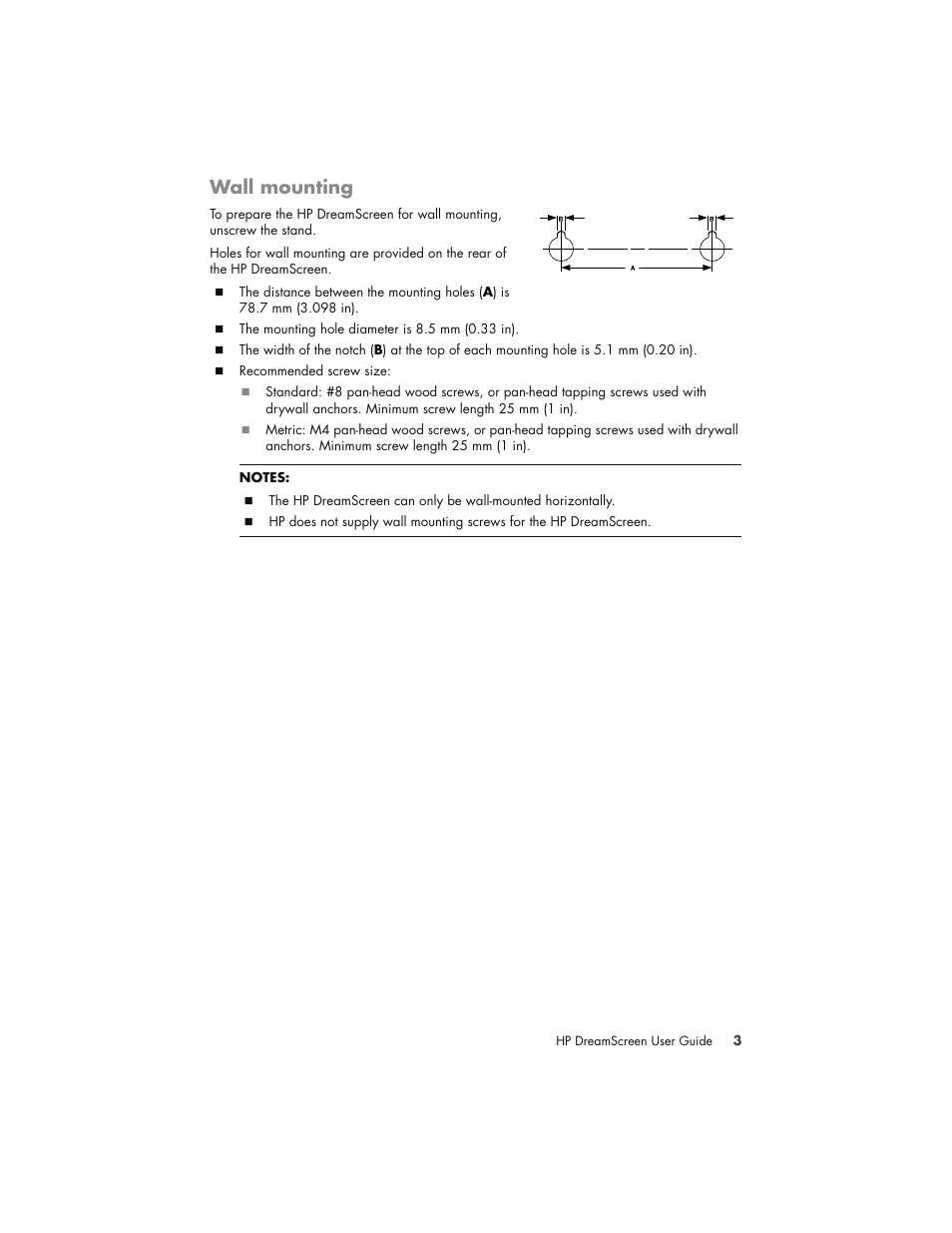 Wall mounting | HP DreamScreen 130 Wireless Connected Screen User Manual | Page 9 / 58