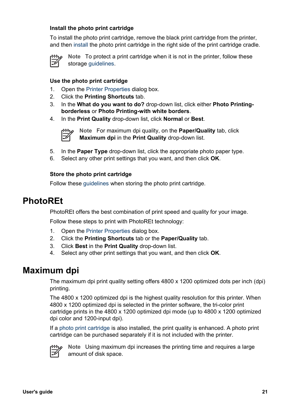 Photoret, Maximum dpi, Photoret maximum dpi | HP Deskjet 5440 Photo Printer User Manual | Page 23 / 94