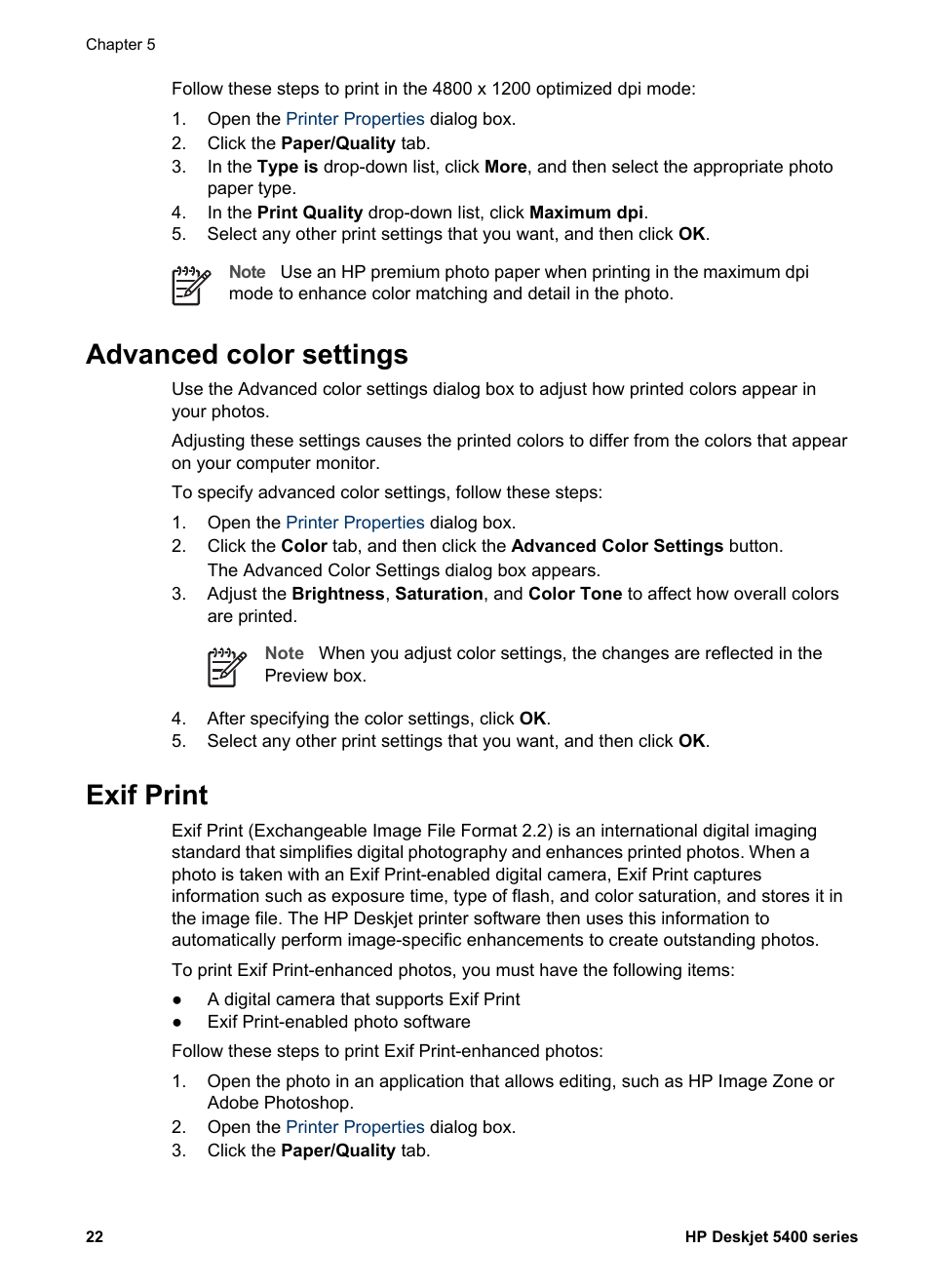 Advanced color settings, Exif print, Advanced color settings exif print | Colors with, Exif print-formatted | HP Deskjet 5440 Photo Printer User Manual | Page 24 / 94