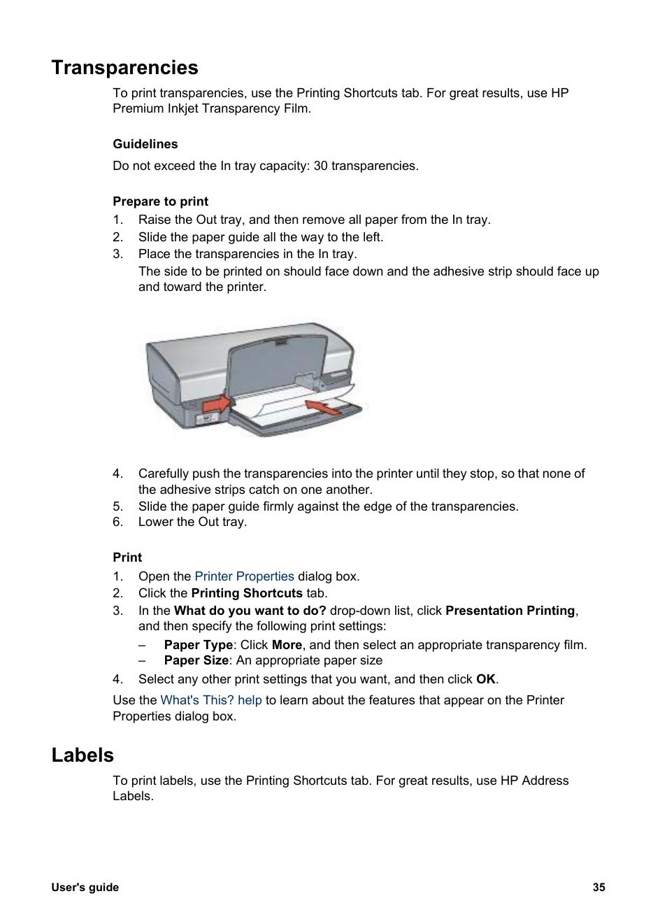 Transparencies, Labels, Transparencies labels | HP Deskjet 5440 Photo Printer User Manual | Page 37 / 94