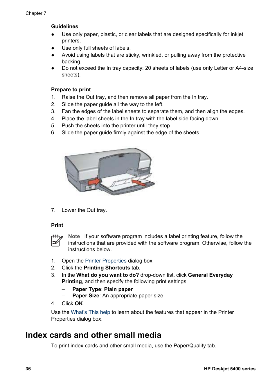 Index cards and other small media, Index cards | HP Deskjet 5440 Photo Printer User Manual | Page 38 / 94