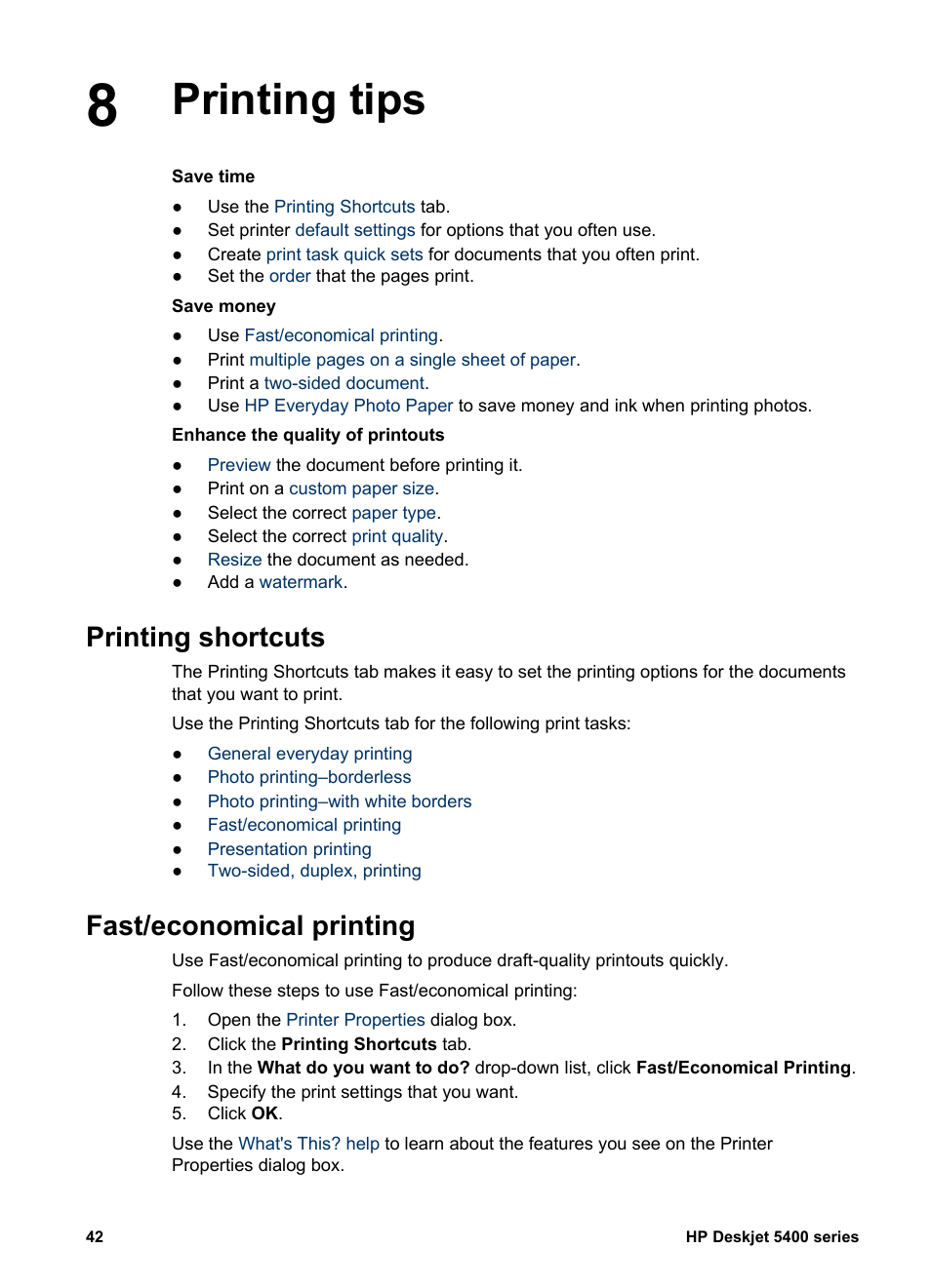 Printing tips, Printing shortcuts, Fast/economical printing | HP Deskjet 5440 Photo Printer User Manual | Page 44 / 94