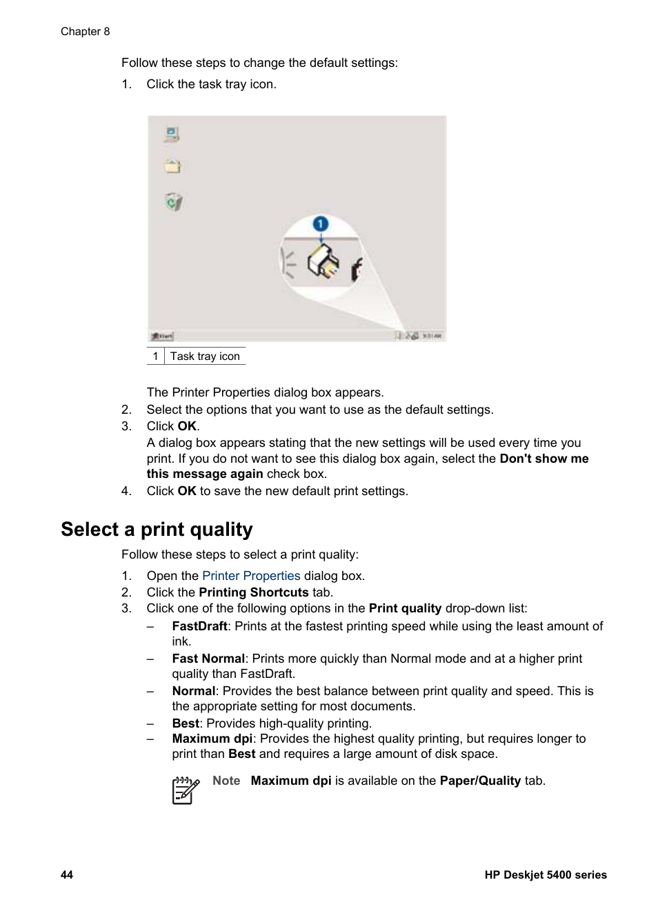 Select a print quality, Print quality | HP Deskjet 5440 Photo Printer User Manual | Page 46 / 94