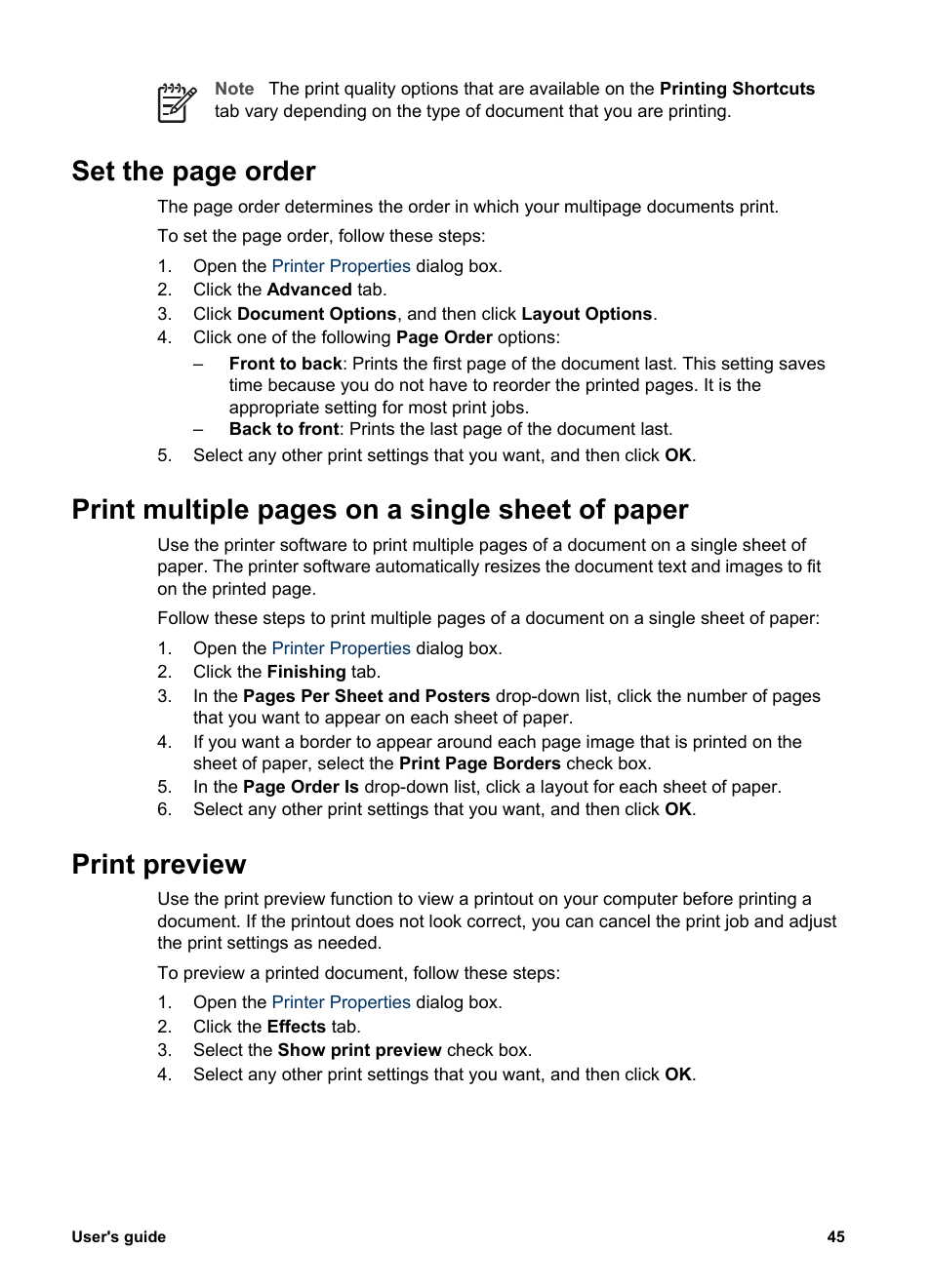 Print preview, Set the, Order | Preview, Set the page order, Print multiple pages on a single sheet of paper | HP Deskjet 5440 Photo Printer User Manual | Page 47 / 94