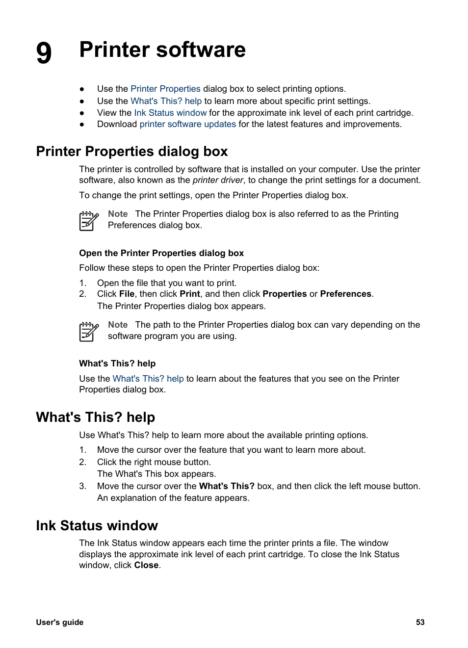 Printer software, Printer properties dialog box, What's this? help | Ink status window, Printer properties, Dialog | HP Deskjet 5440 Photo Printer User Manual | Page 55 / 94