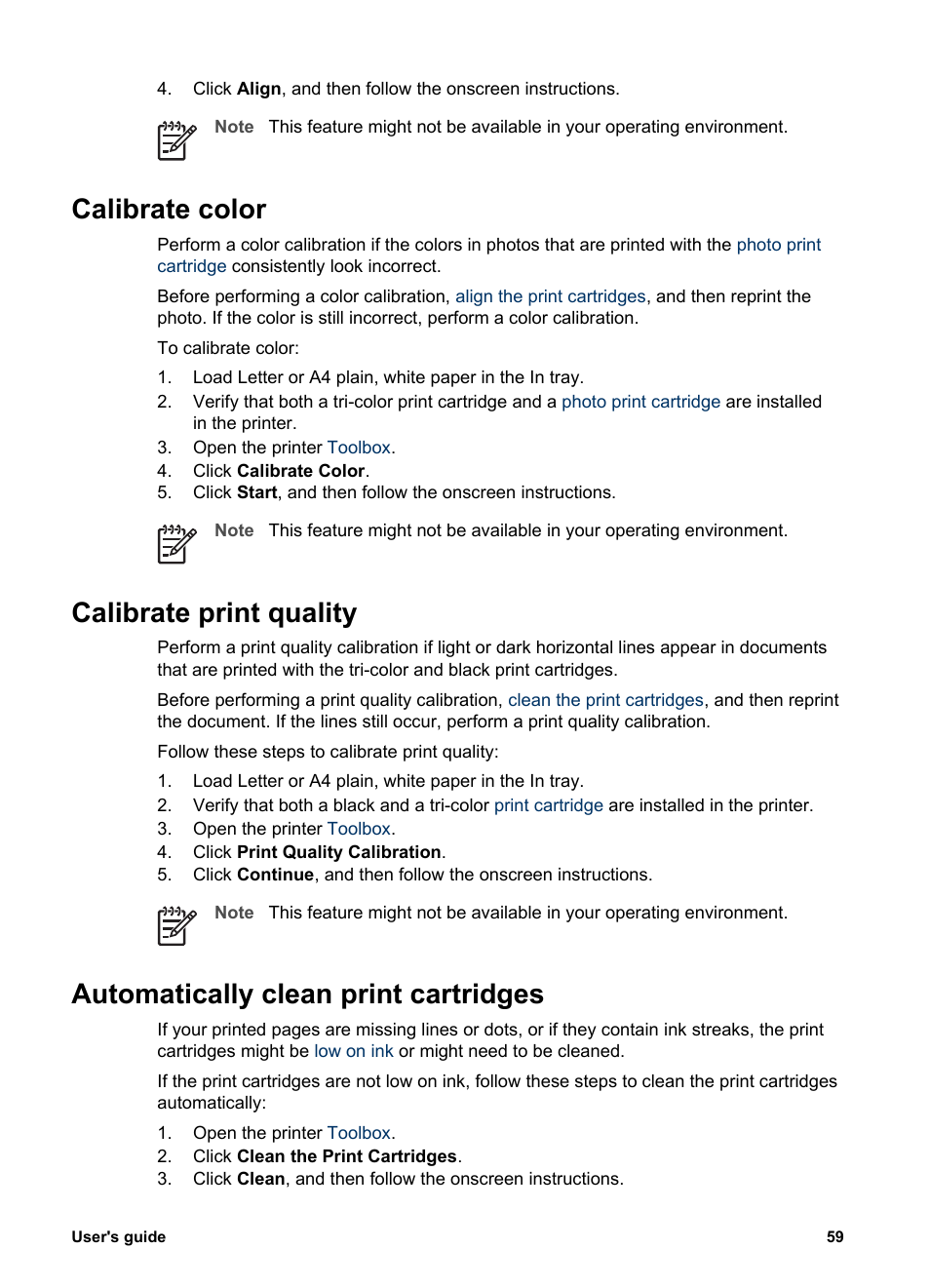 Calibrate color, Calibrate print quality, Automatically clean print cartridges | HP Deskjet 5440 Photo Printer User Manual | Page 61 / 94