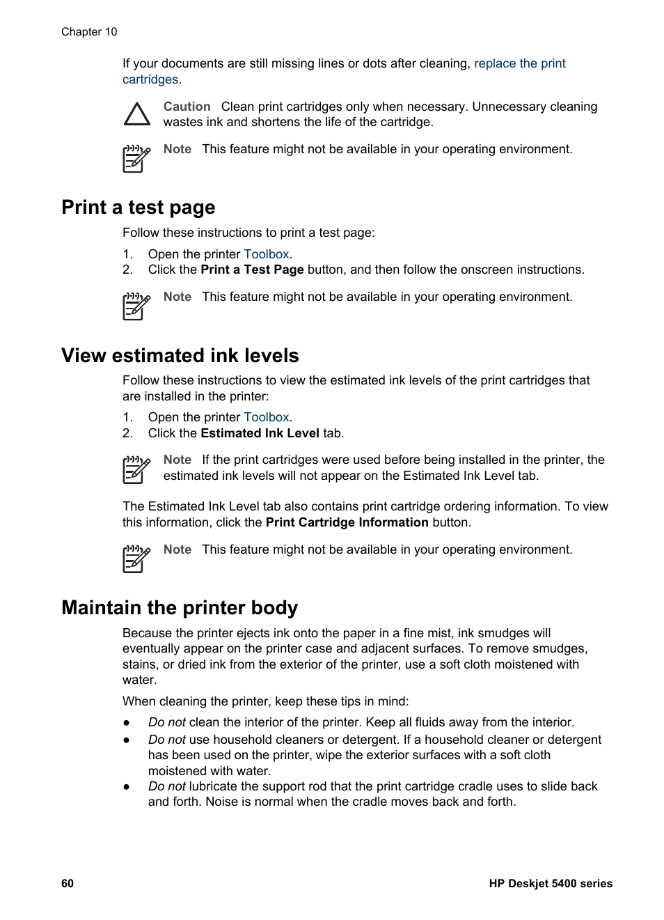 View estimated ink levels, Maintain the printer body, Low on ink | Print a test page | HP Deskjet 5440 Photo Printer User Manual | Page 62 / 94