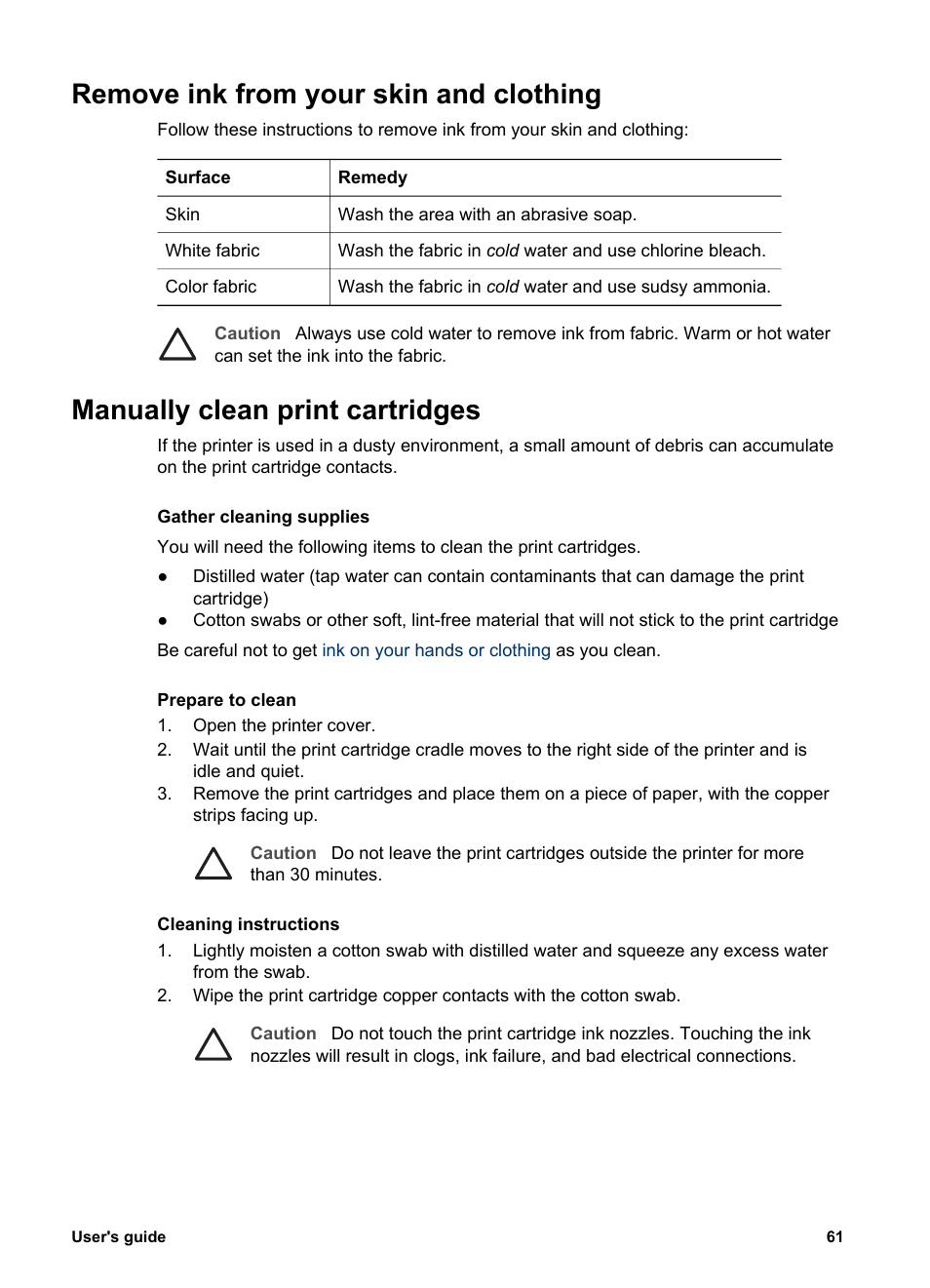 Remove ink from your skin and clothing, Manually clean print cartridges | HP Deskjet 5440 Photo Printer User Manual | Page 63 / 94