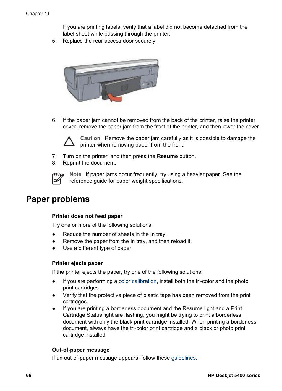 Paper problems, Printer ejects paper | HP Deskjet 5440 Photo Printer User Manual | Page 68 / 94