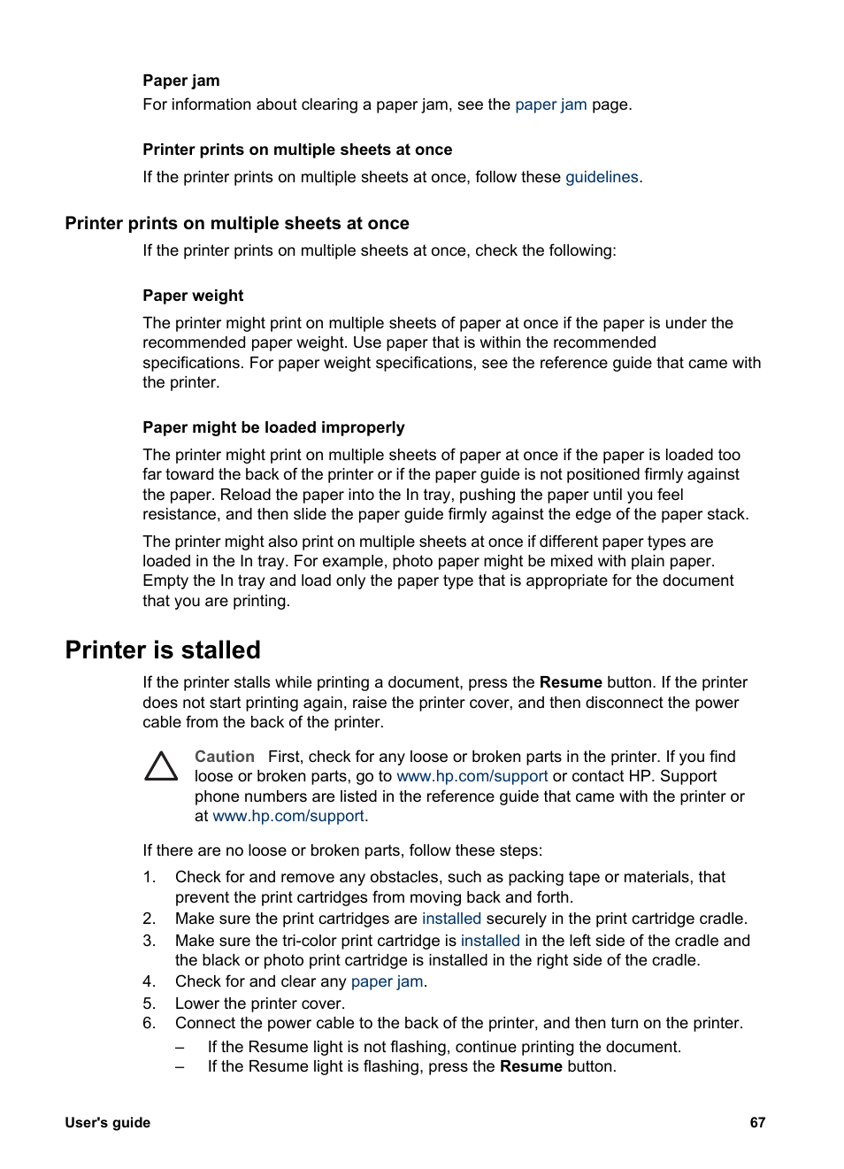 Printer prints on multiple sheets at once, Printer is stalled | HP Deskjet 5440 Photo Printer User Manual | Page 69 / 94