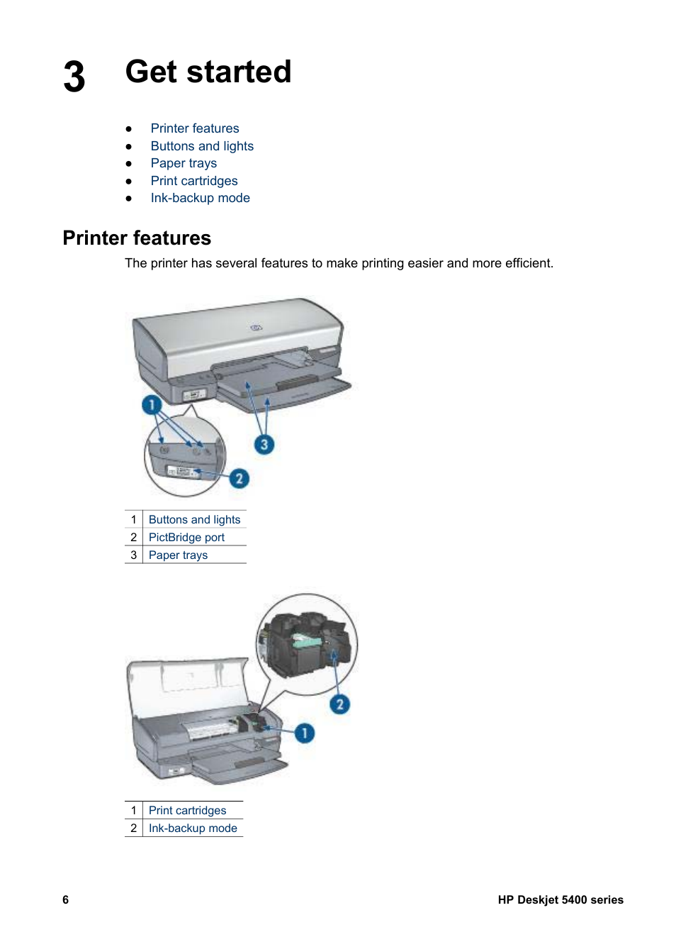 Get started, Printer features, Get started printer features | HP Deskjet 5440 Photo Printer User Manual | Page 8 / 94