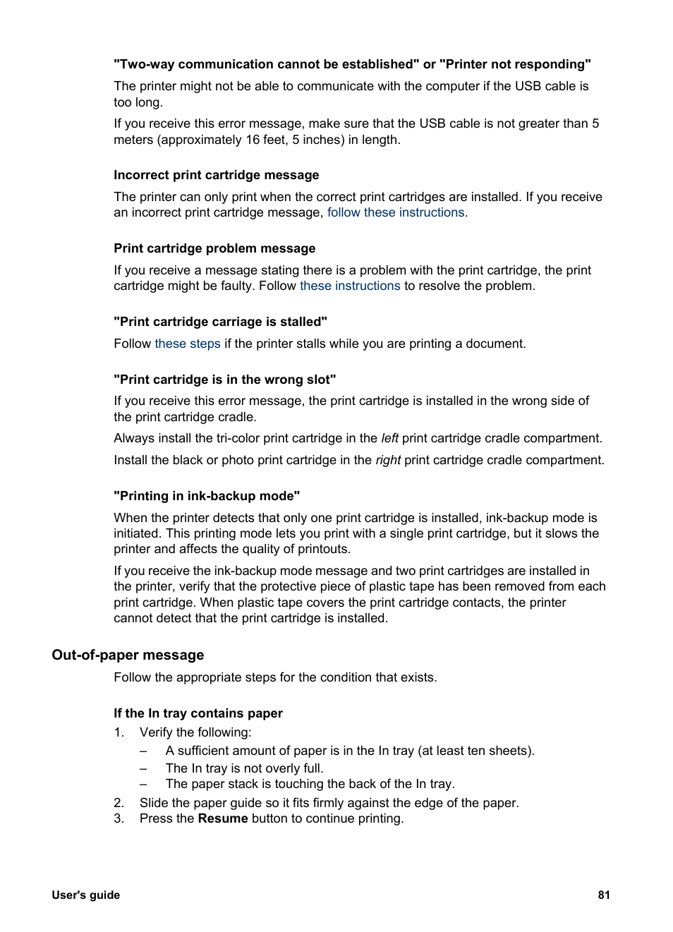 Out-of-paper message, Follow these, Guidelines | These | HP Deskjet 5440 Photo Printer User Manual | Page 83 / 94