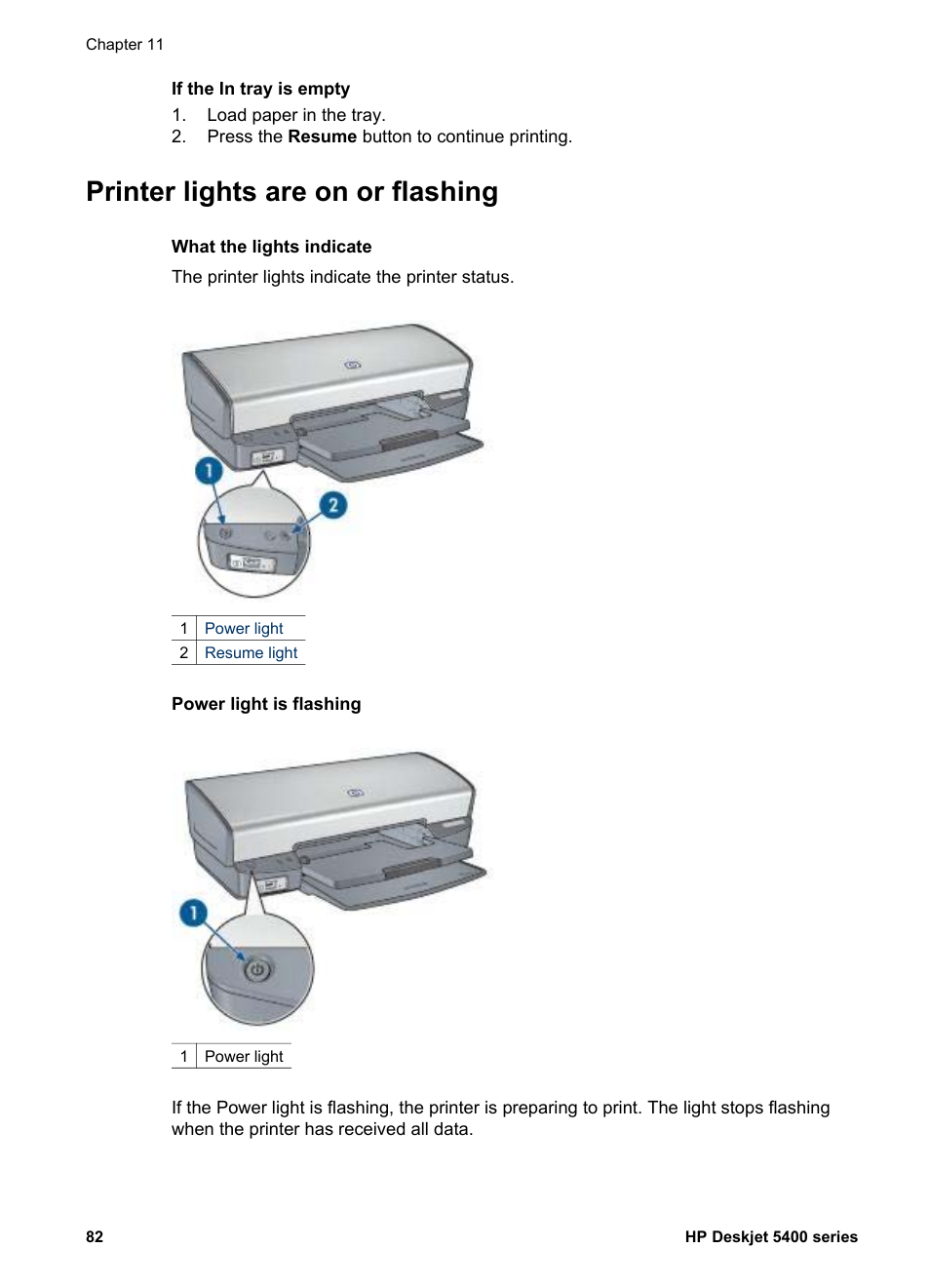 Printer lights are on or flashing, Information, see | HP Deskjet 5440 Photo Printer User Manual | Page 84 / 94